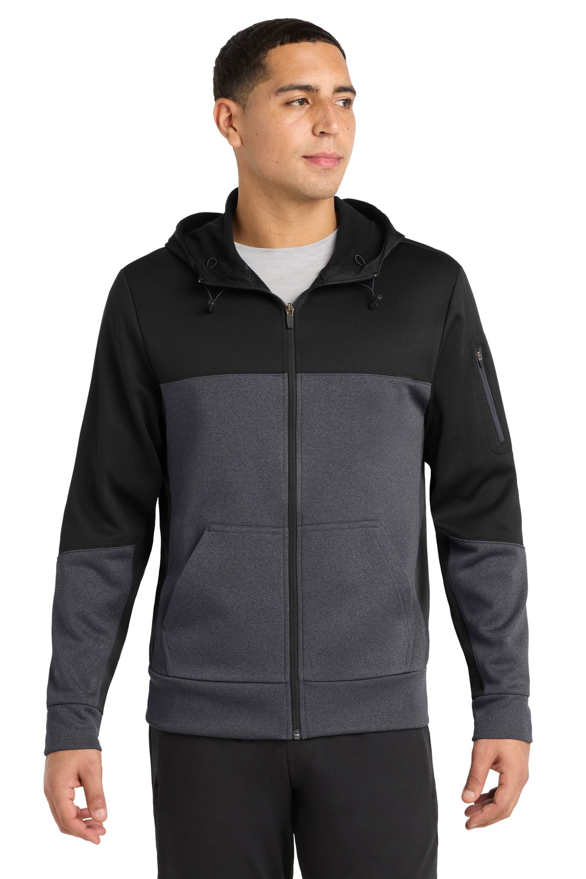 Custom Black/ Graphite Heather/ Black Colorblock Full-Zip Hooded Jacket ST245, personalized by SanCanDo Swag in Argyle, TX