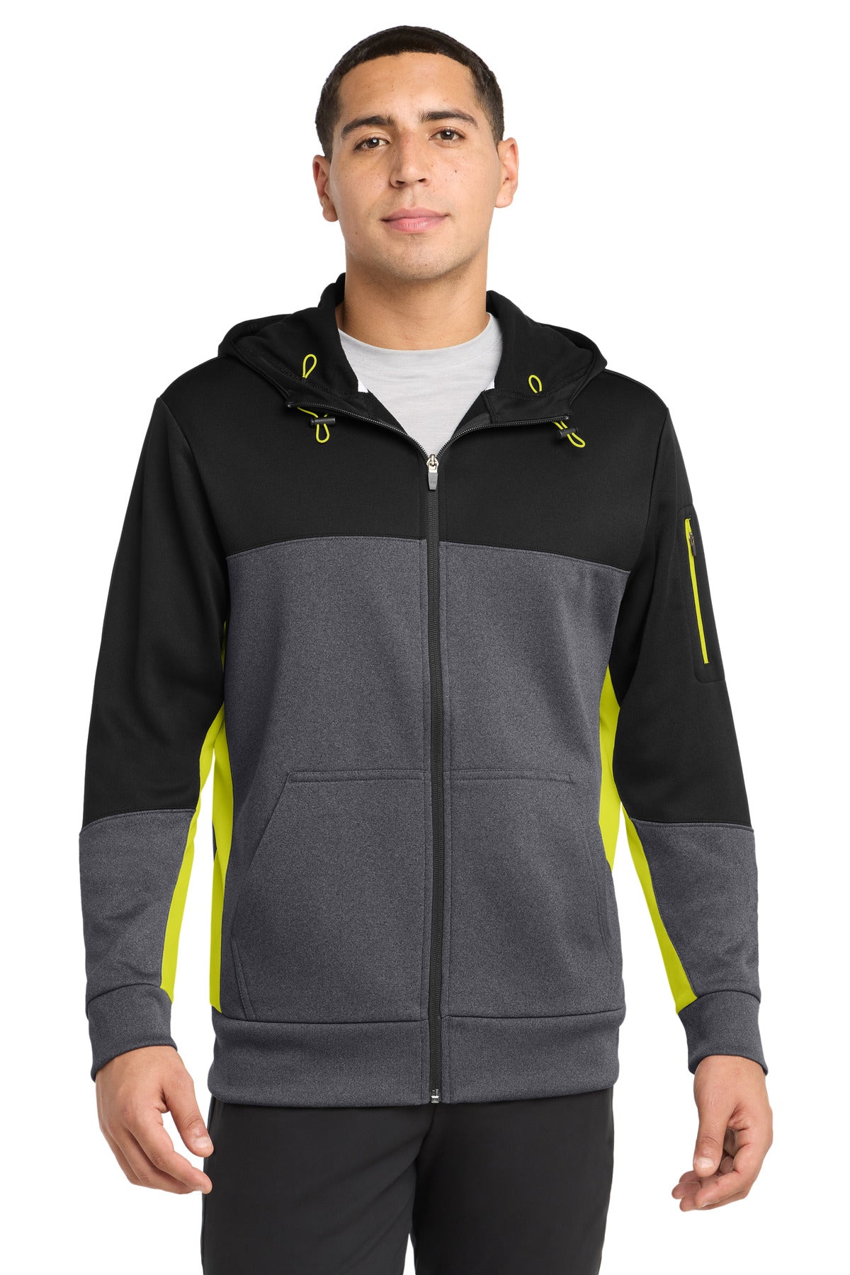 Custom Black/ Graphite Heather/ Citron Colorblock Full-Zip Hooded Jacket ST245, personalized by SanCanDo Swag in Argyle, TX