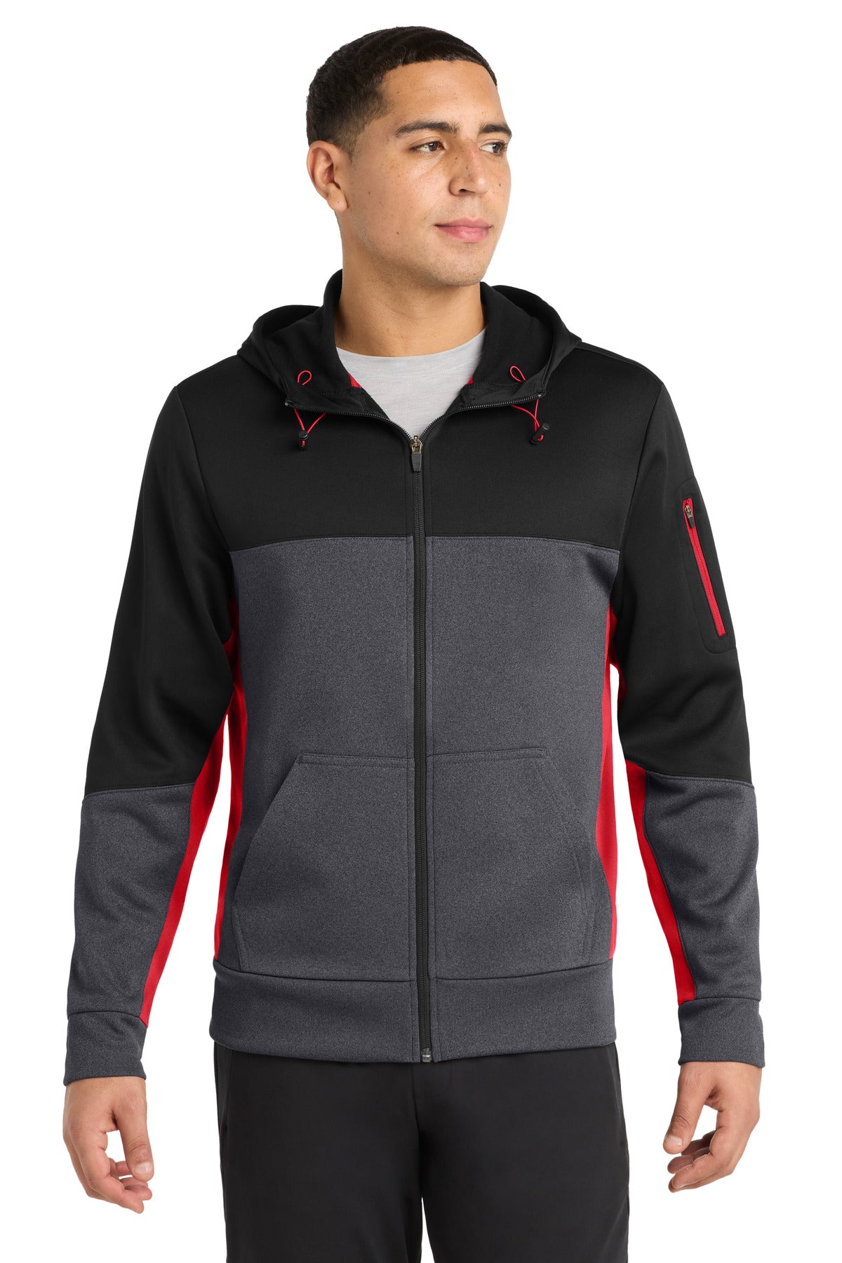Custom Black/ Graphite Heather/ True Red Colorblock Full-Zip Hooded Jacket ST245, personalized by SanCanDo Swag in Argyle, TX