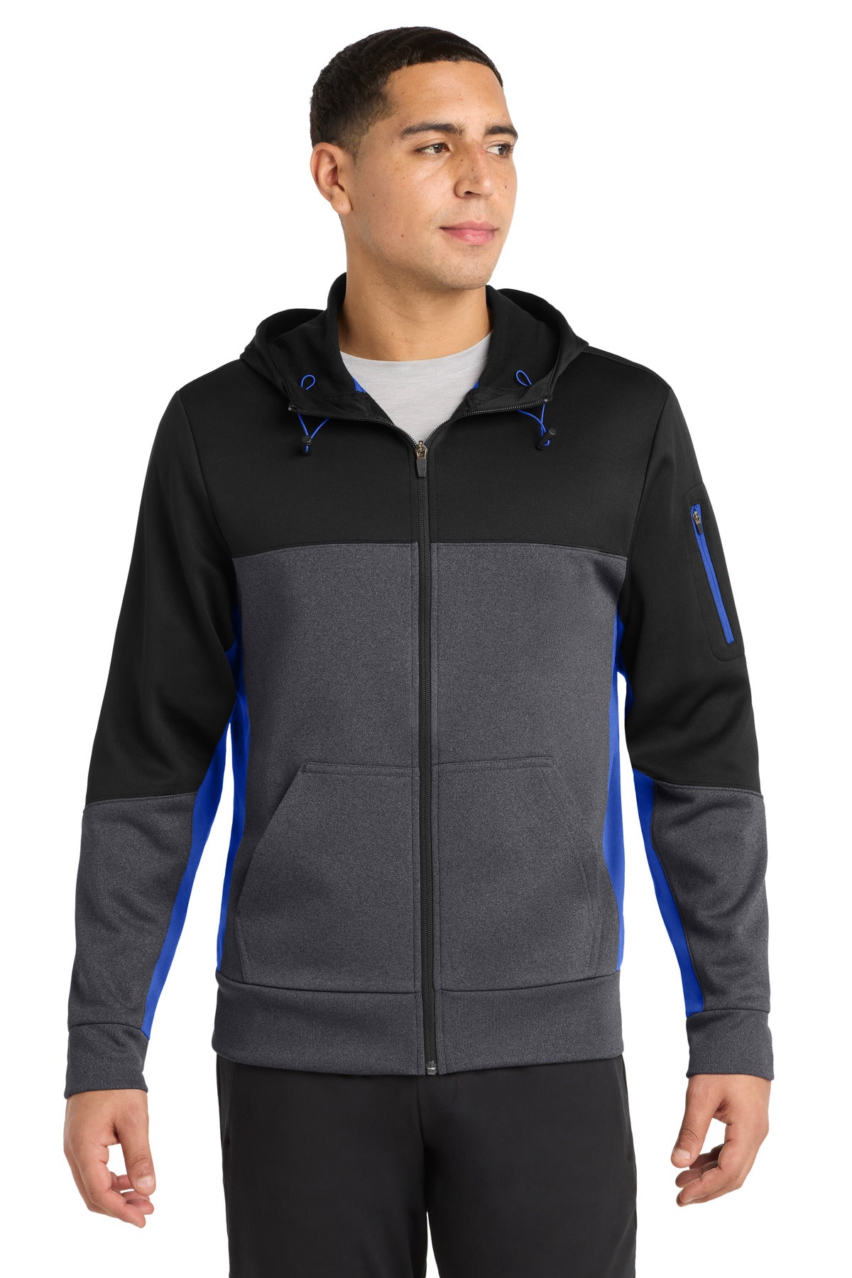 Custom Black/ Graphite Heather/ True Royal Colorblock Full-Zip Hooded Jacket ST245, personalized by SanCanDo Swag in Argyle, TX