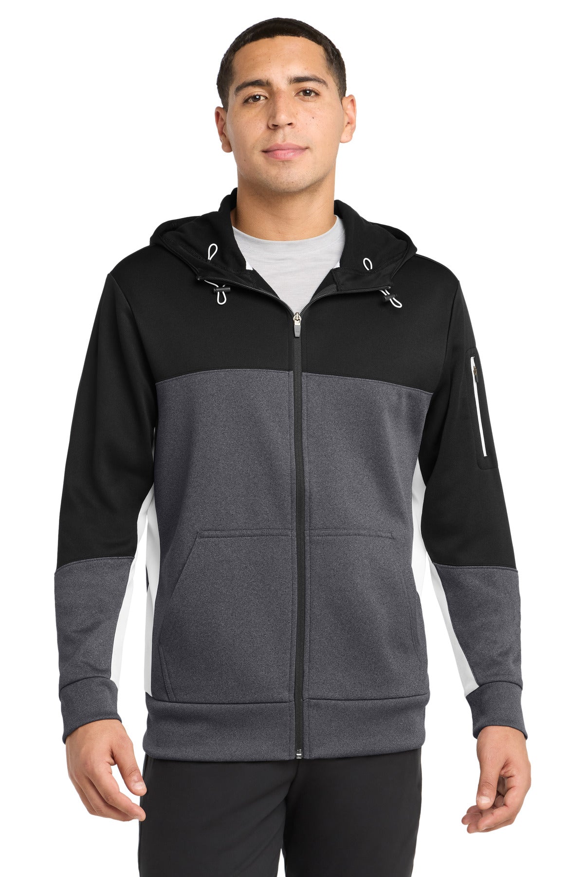 Custom Black/ Graphite Heather/ White Colorblock Full-Zip Hooded Jacket ST245, personalized by SanCanDo Swag in Argyle, TX