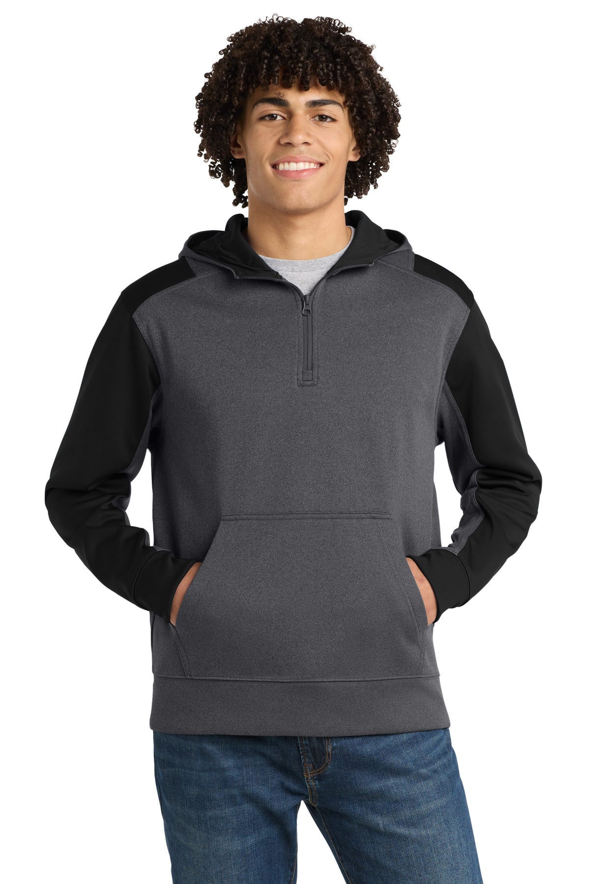 Custom Graphite Heather/ Black Tech Fleece Colorblock 1/4-Zip Hoodie ST249, personalized by SanCanDo Swag in Argyle, TX