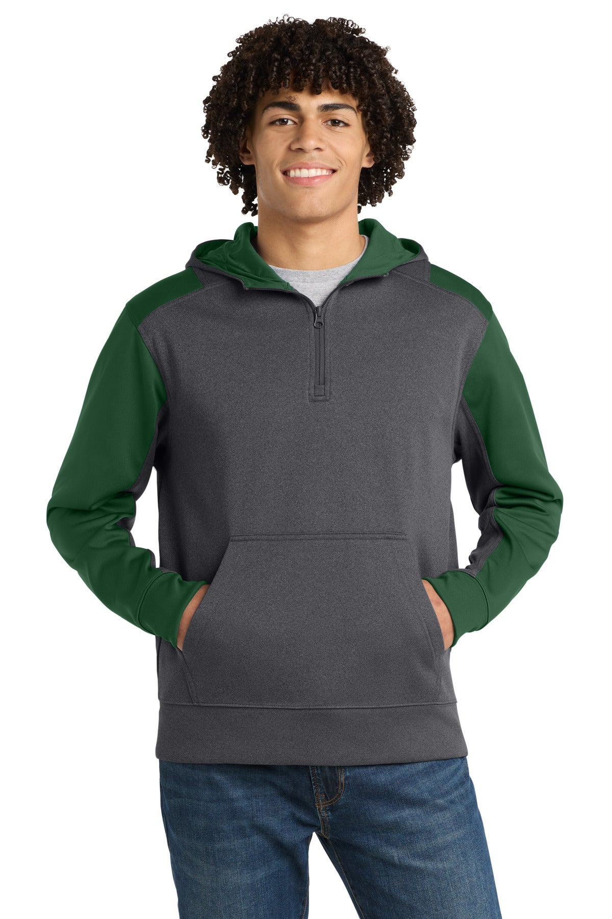 Custom Graphite Heather/ Forest Green Tech Fleece Colorblock 1/4-Zip Hoodie ST249, personalized by SanCanDo Swag in Argyle, TX