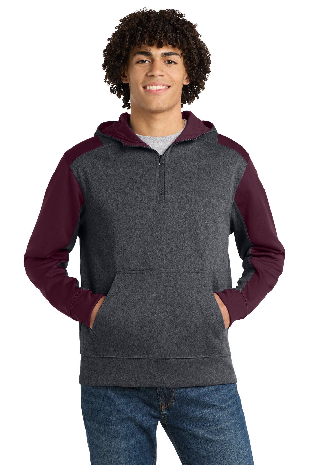 Custom Graphite Heather/ Maroon Tech Fleece Colorblock 1/4-Zip Hoodie ST249, personalized by SanCanDo Swag in Argyle, TX