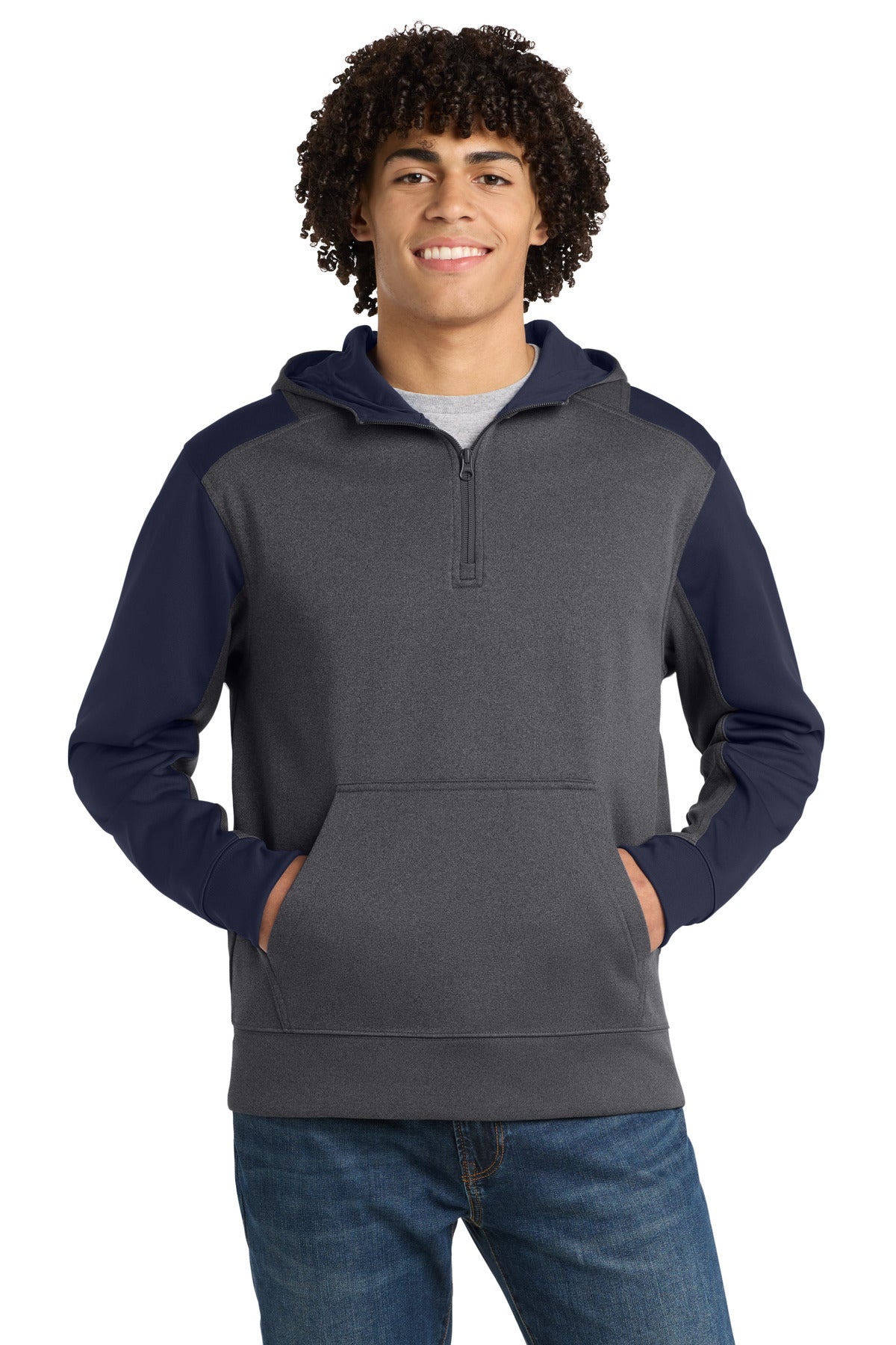 Custom Graphite Heather/ True Navy Tech Fleece Colorblock 1/4-Zip Hoodie ST249, personalized by SanCanDo Swag in Argyle, TX