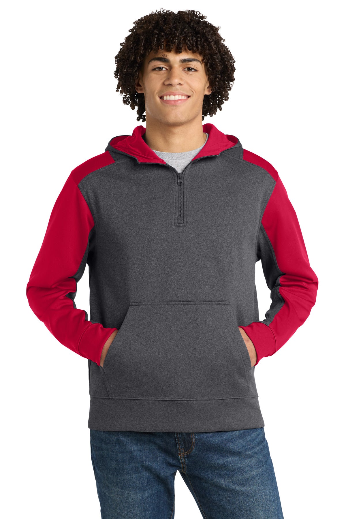 Custom Graphite Heather/ True Red Tech Fleece Colorblock 1/4-Zip Hoodie ST249, personalized by SanCanDo Swag in Argyle, TX