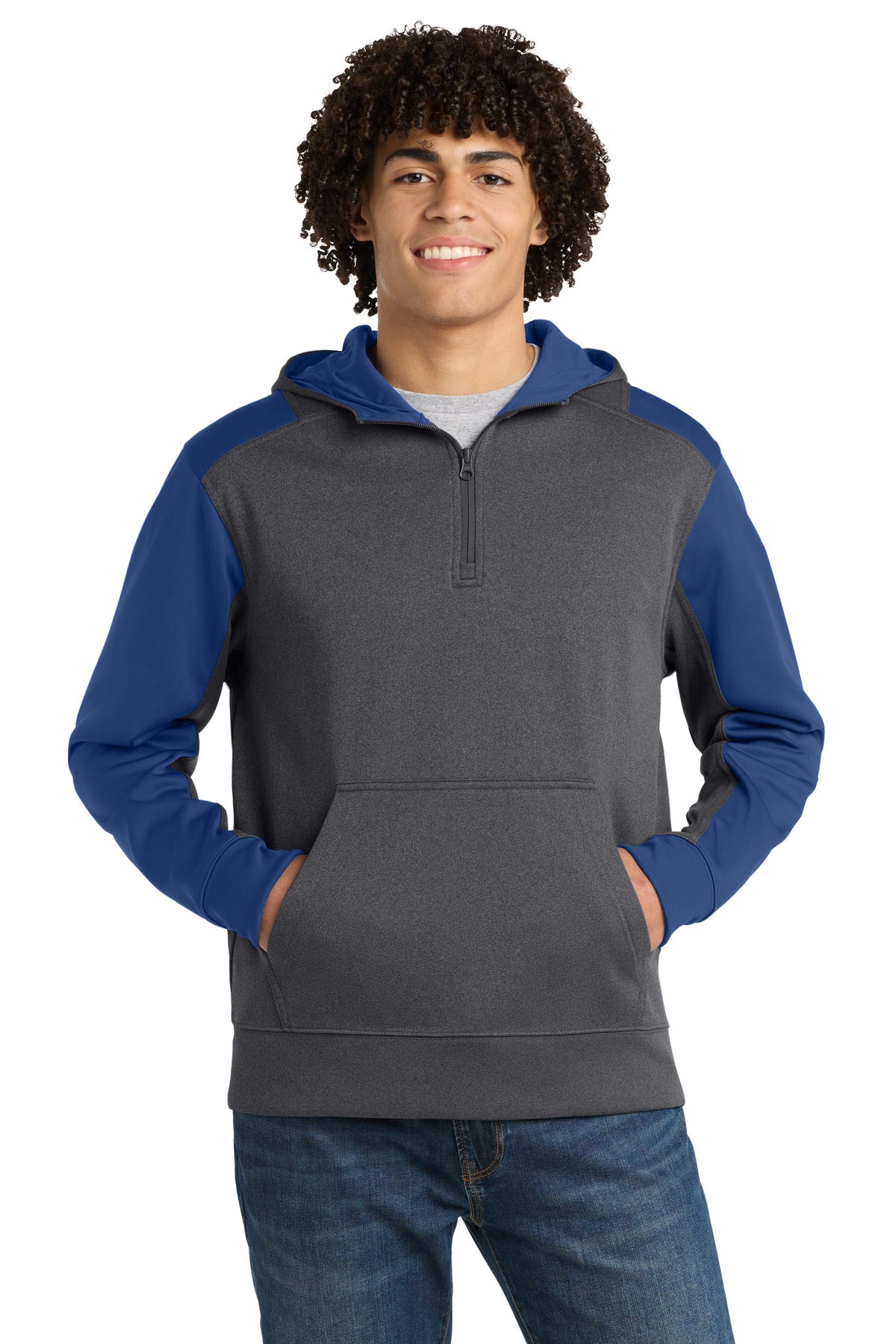 Custom Graphite Heather/ True Royal Tech Fleece Colorblock 1/4-Zip Hoodie ST249, personalized by SanCanDo Swag in Argyle, TX
