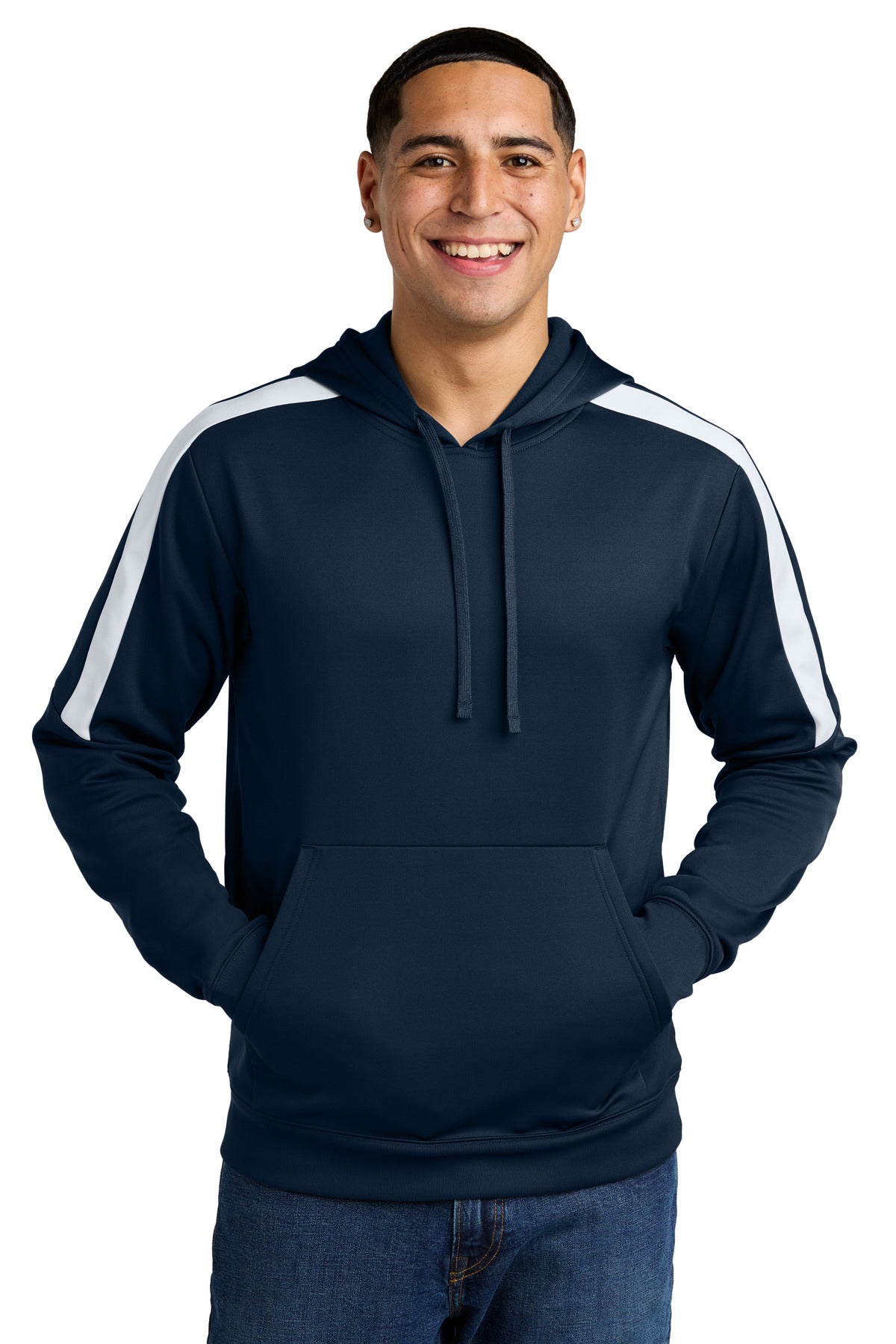 Custom Navy/ White Sport-Wick Fleece United Pullover Hoodie ST255, personalized by SanCanDo Swag in Argyle, TX