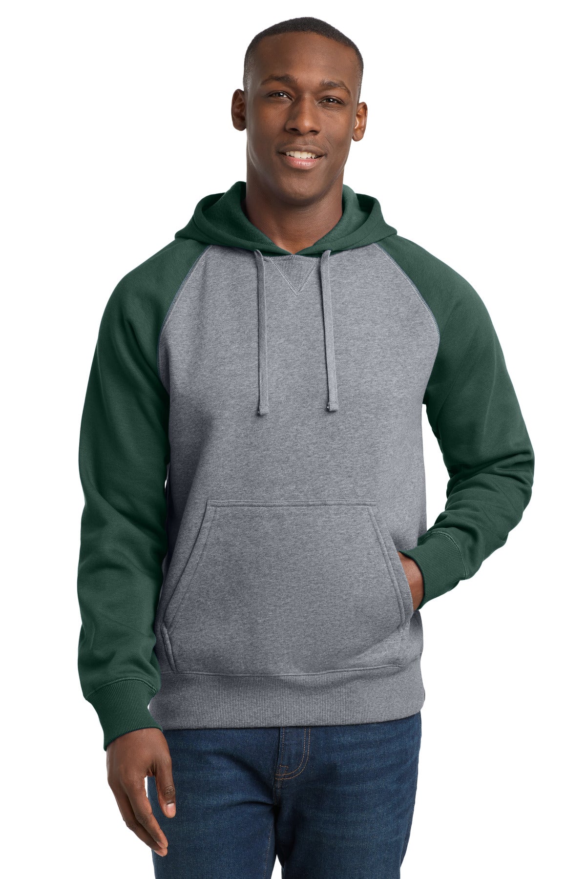Custom Forest Green/ Vintage Heather Raglan Colorblock Hoodie ST267, personalized by SanCanDo Swag in Argyle, TX