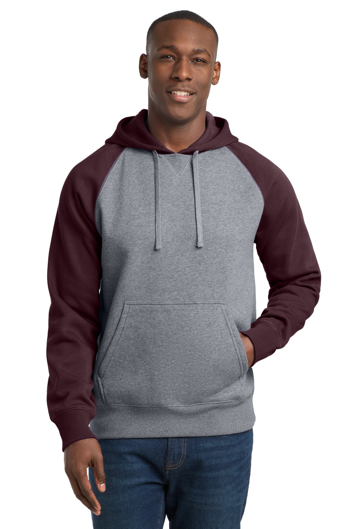Custom Maroon/ Vintage Heather Raglan Colorblock Hoodie ST267, personalized by SanCanDo Swag in Argyle, TX