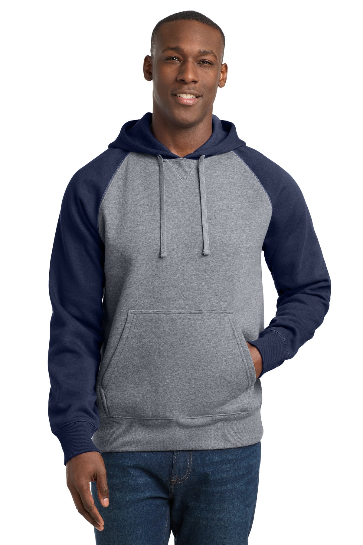 Custom True Navy/ Vintage Heather Raglan Colorblock Hoodie ST267, personalized by SanCanDo Swag in Argyle, TX