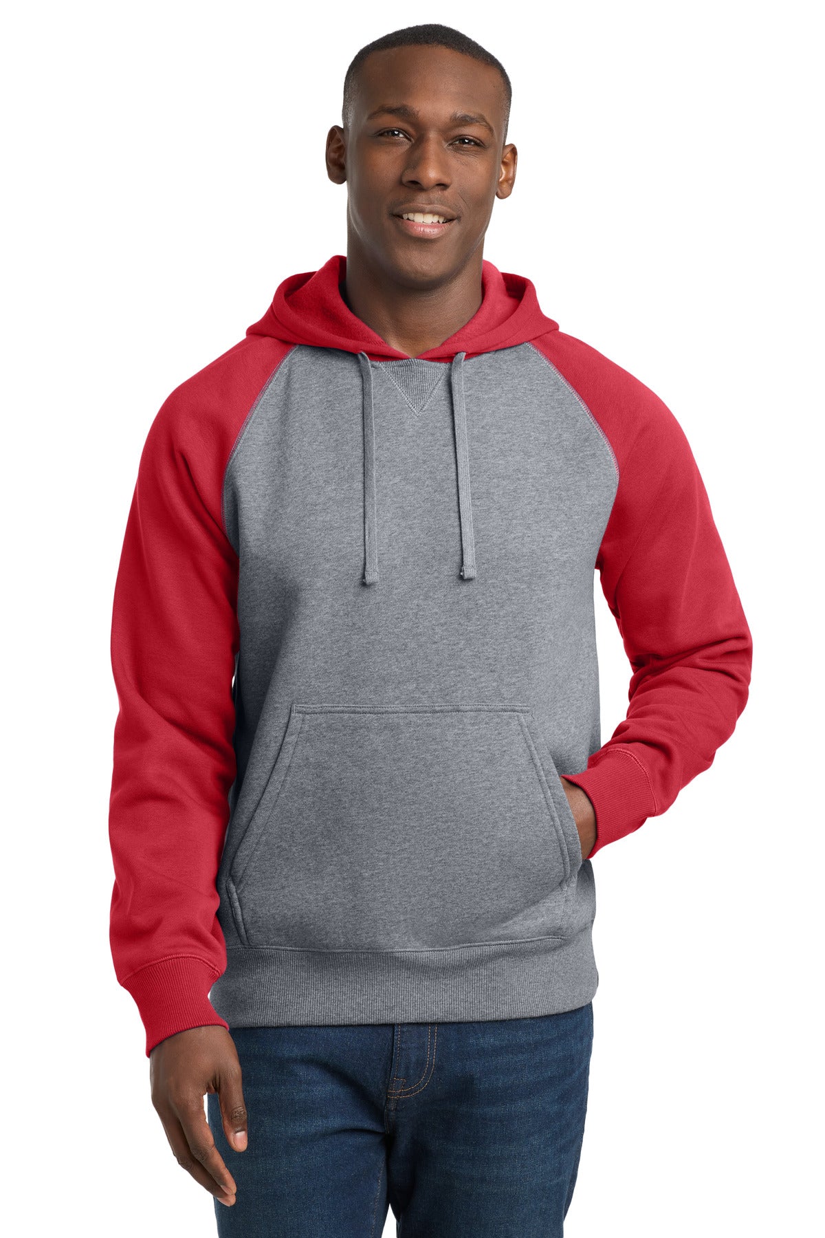 Custom True Red/ Vintage Heather Raglan Colorblock Hoodie ST267, personalized by SanCanDo Swag in Argyle, TX