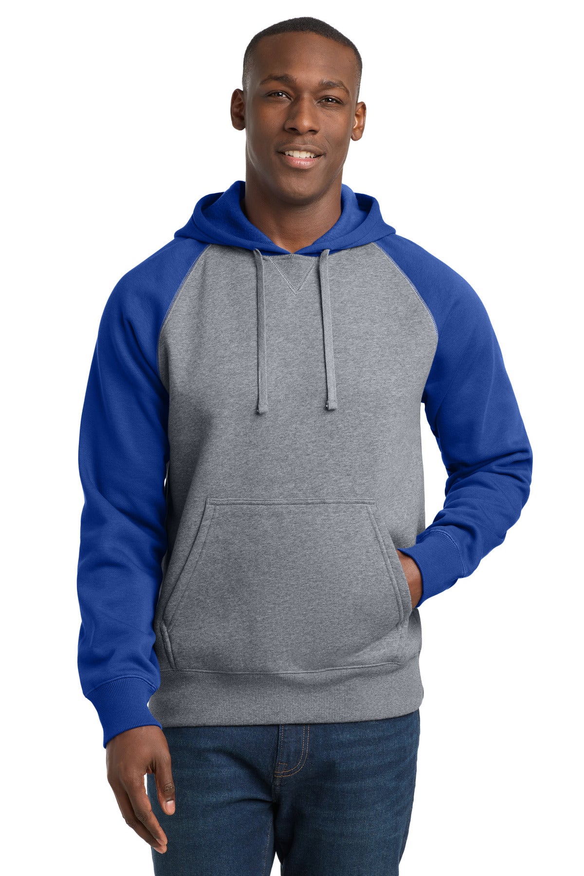Custom True Royal/ Vintage Heather Raglan Colorblock Hoodie ST267, personalized by SanCanDo Swag in Argyle, TX