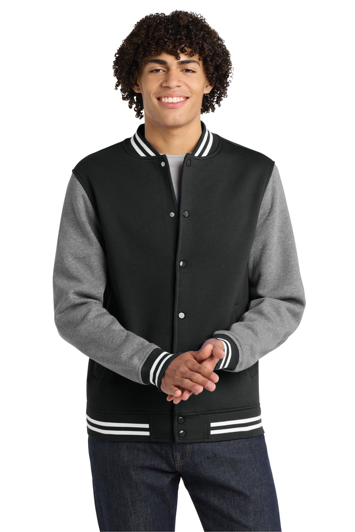 Custom Black/ Vintage Heather Fleece Letterman Jacket ST270, personalized by SanCanDo Swag in Argyle, TX