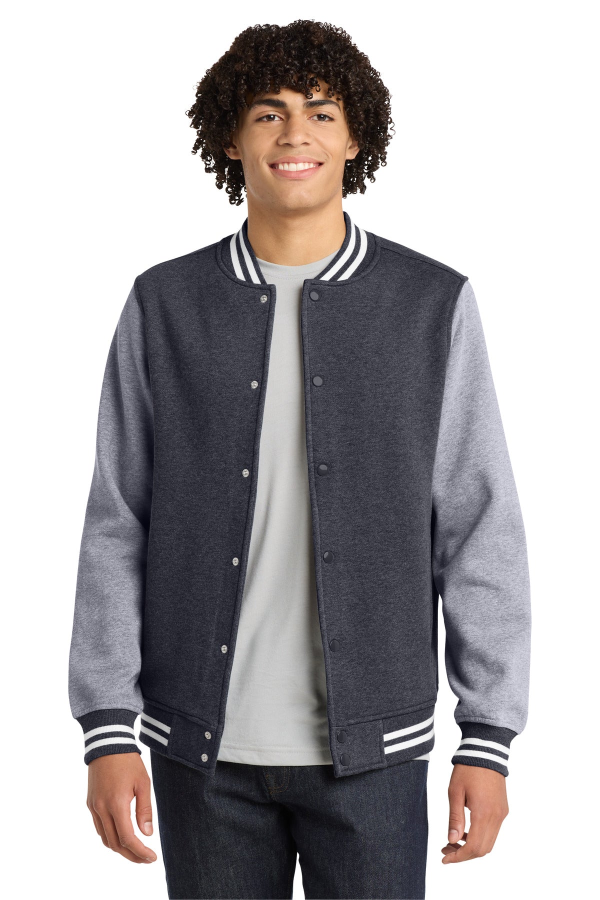Custom Graphite Heather/ Vintage Heather Fleece Letterman Jacket ST270, personalized by SanCanDo Swag in Argyle, TX