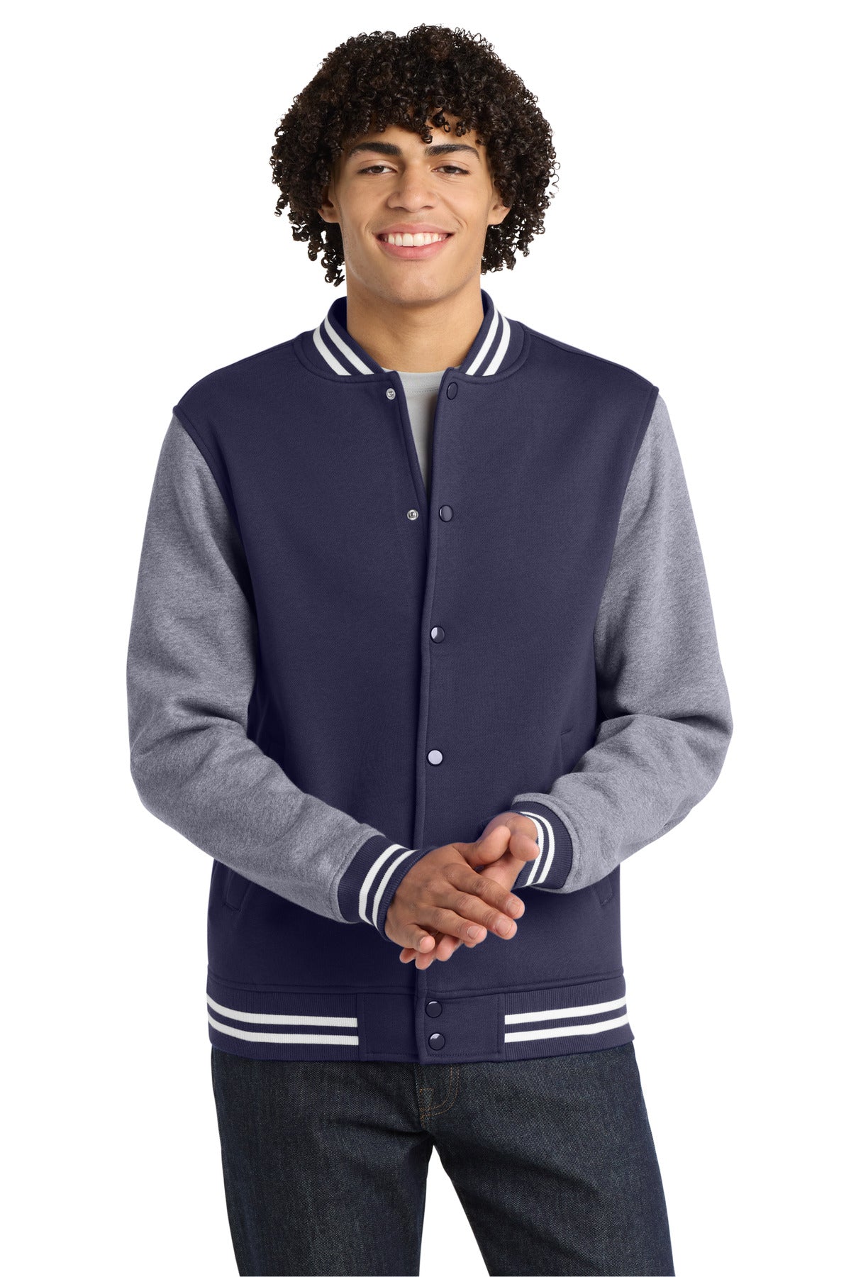 Custom True Navy/ Vintage Heather Fleece Letterman Jacket ST270, personalized by SanCanDo Swag in Argyle, TX