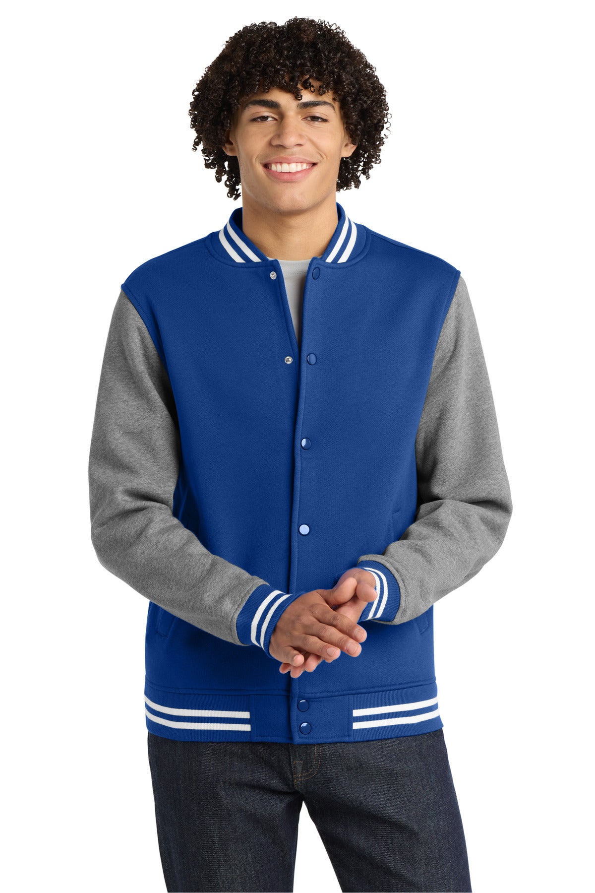 Custom True Royal/ Vintage Heather Fleece Letterman Jacket ST270, personalized by SanCanDo Swag in Argyle, TX