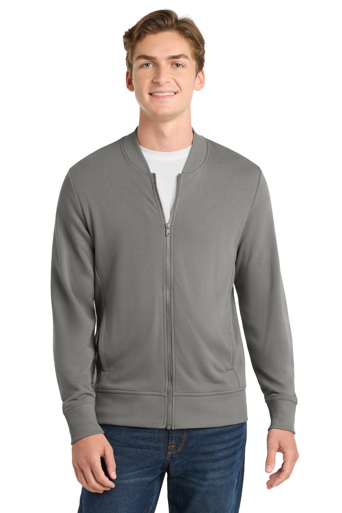 Custom Grey Concrete Lightweight French Terry Bomber ST274, personalized by SanCanDo Swag in Argyle, TX