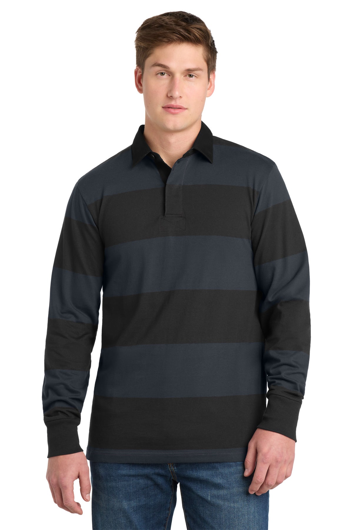Custom Black/ Graphite Classic Long Sleeve Rugby Polo ST301, personalized by SanCanDo Swag in Argyle, TX