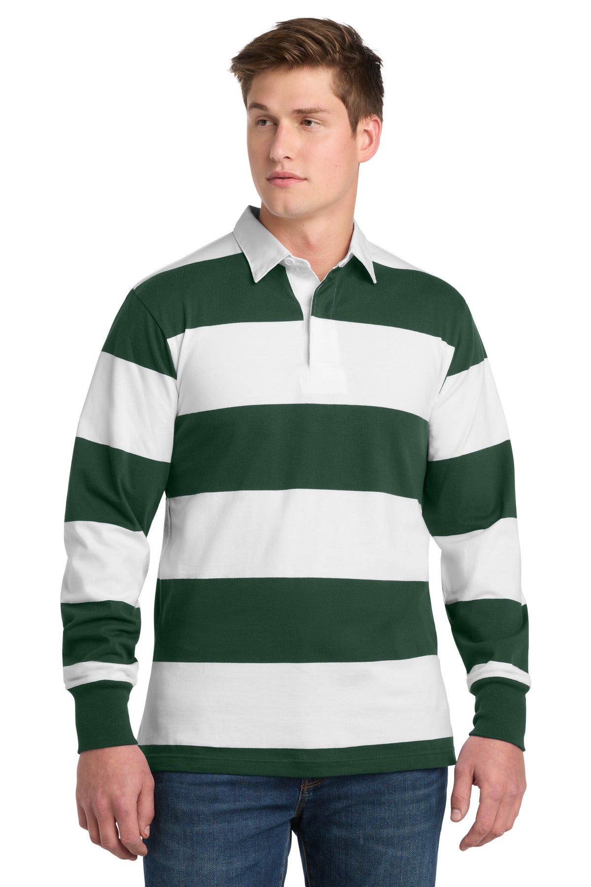 Custom Forest Green/ White Classic Long Sleeve Rugby Polo ST301, personalized by SanCanDo Swag in Argyle, TX