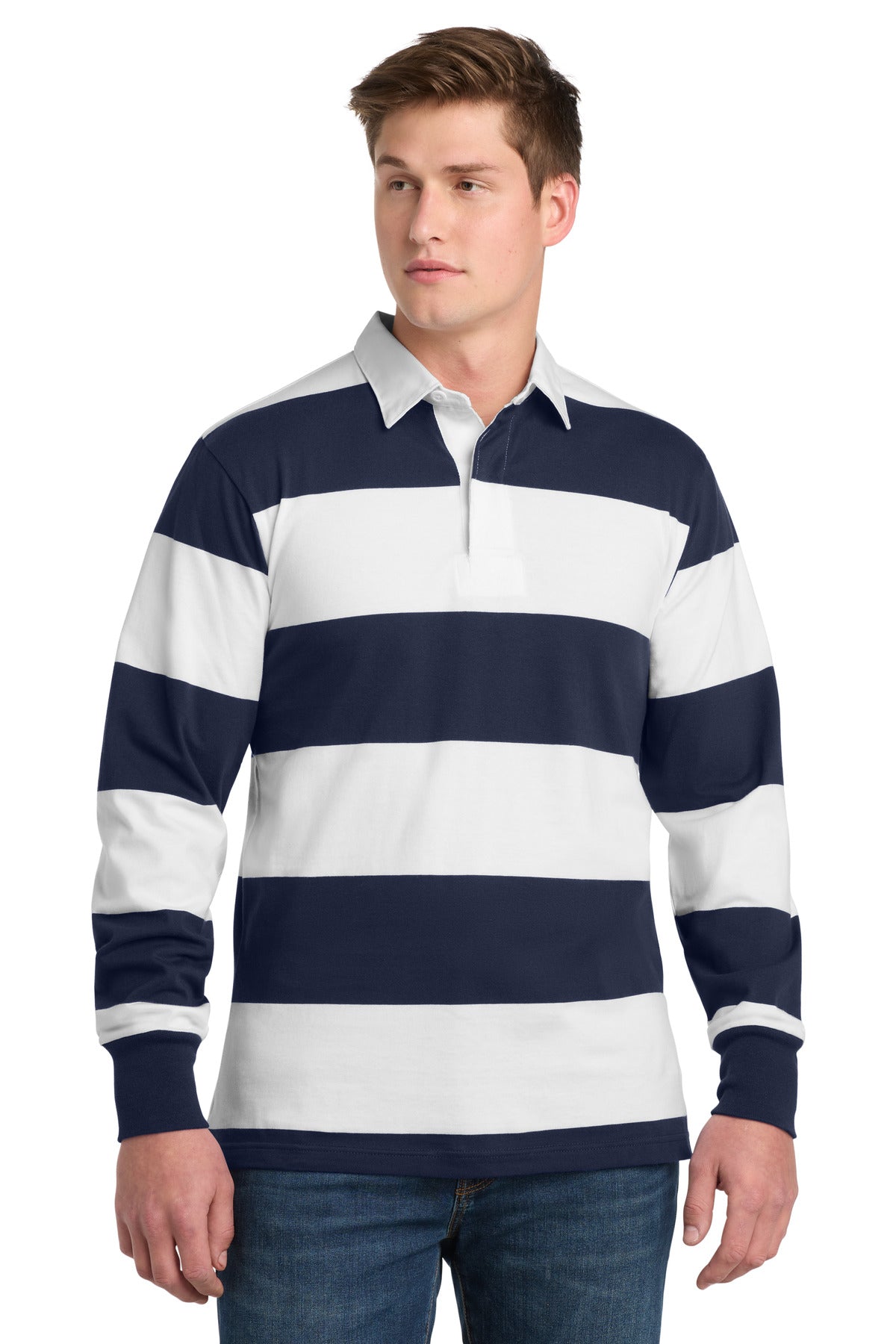 Custom True Navy/ White Classic Long Sleeve Rugby Polo ST301, personalized by SanCanDo Swag in Argyle, TX