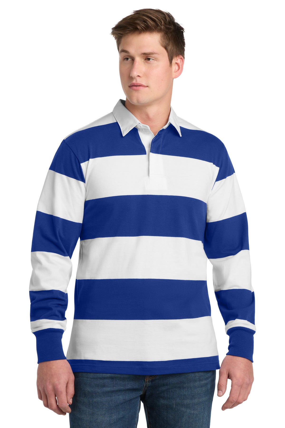 Custom True Royal/ White Classic Long Sleeve Rugby Polo ST301, personalized by SanCanDo Swag in Argyle, TX