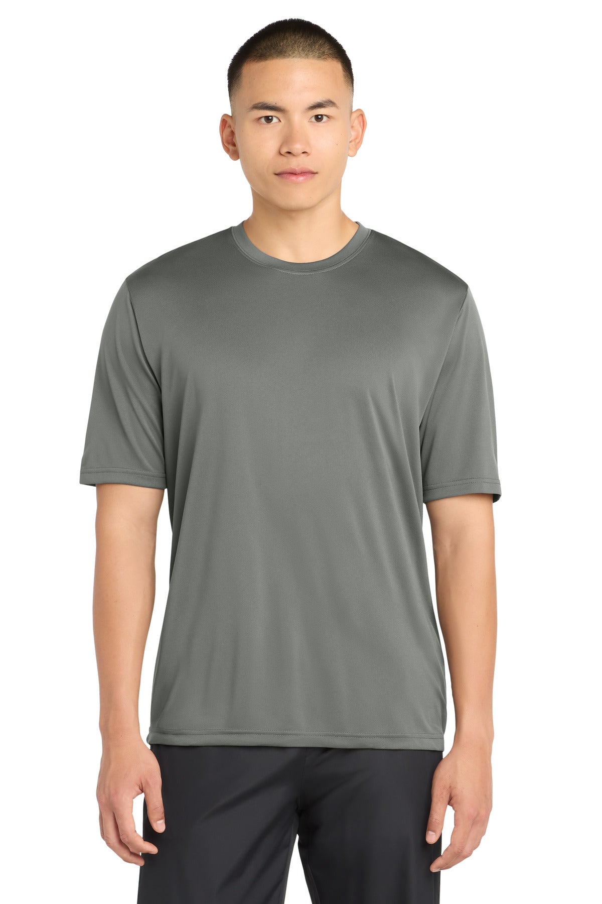 Custom Dark Smoke Grey PosiCharge Tough Tee ST320, personalized by SanCanDo Swag in Argyle, TX