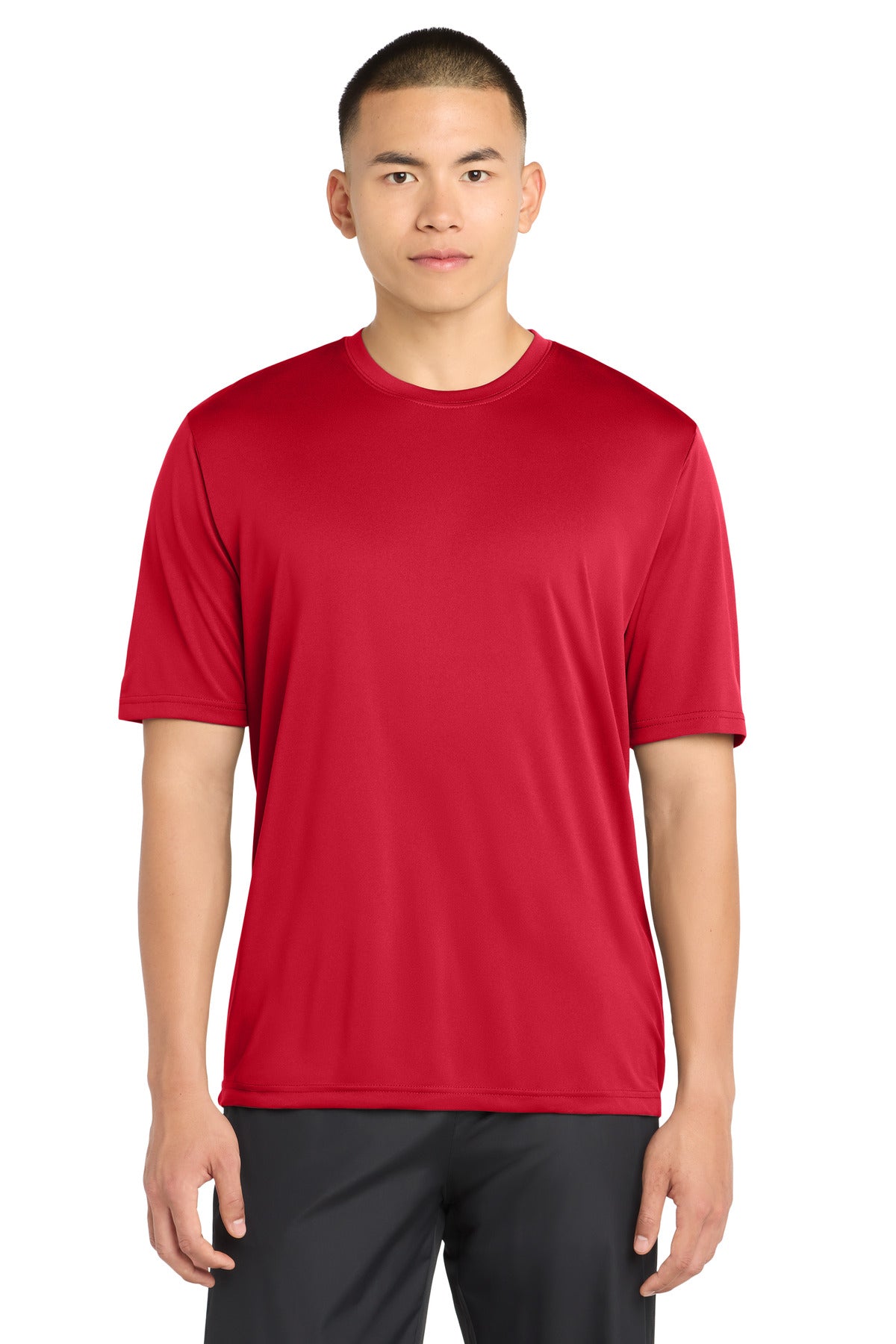 Custom Deep Red PosiCharge Tough Tee ST320, personalized by SanCanDo Swag in Argyle, TX
