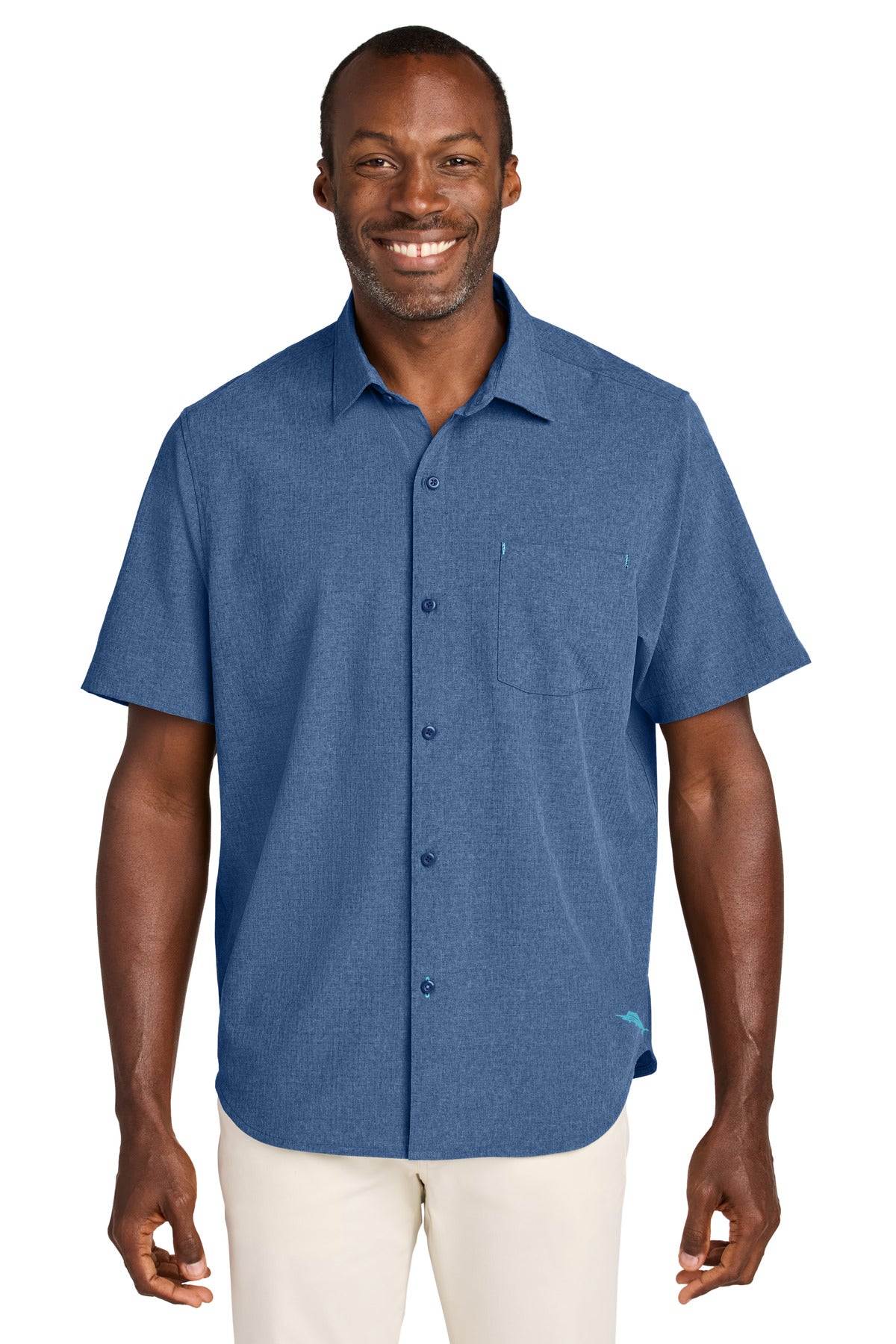 Custom Classic Blue Sandy Point Short Sleeve Shirt ST326815TB, personalized by SanCanDo Swag in Argyle, TX
