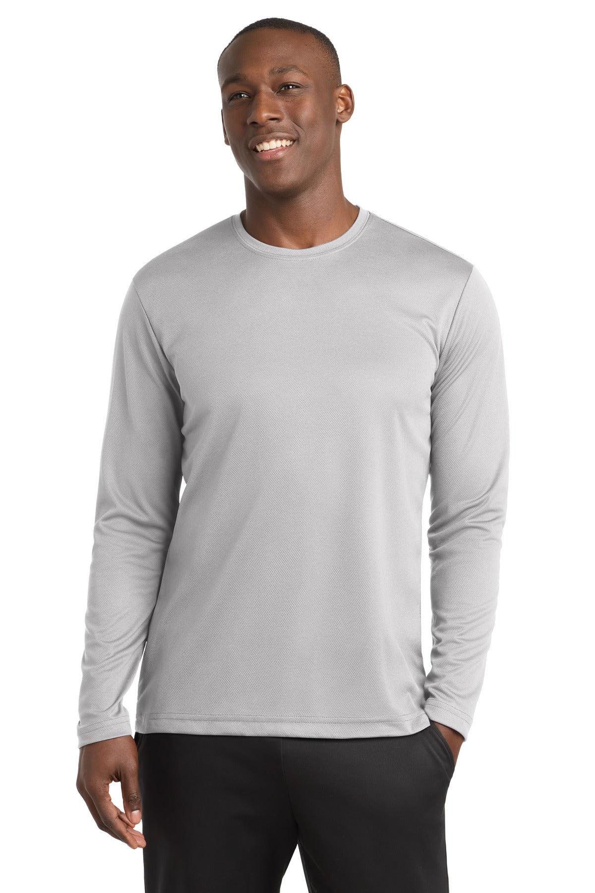 Custom Silver PosiCharge RacerMesh Long Sleeve Tee ST340LS, personalized by SanCanDo Swag in Argyle, TX