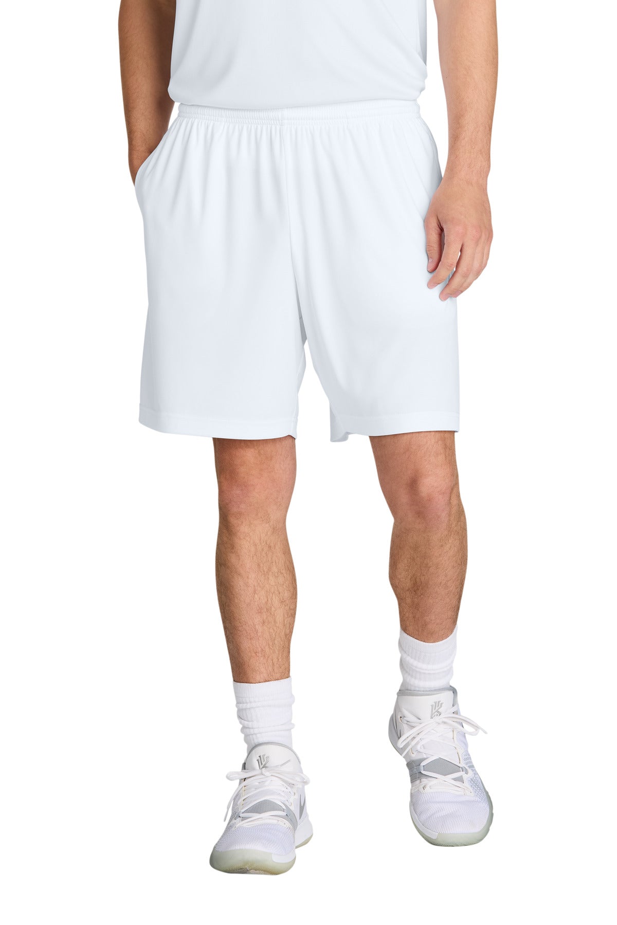 Custom White PosiCharge Competitor 7" Pocketed Short ST349P, personalized by SanCanDo Swag in Argyle, TX