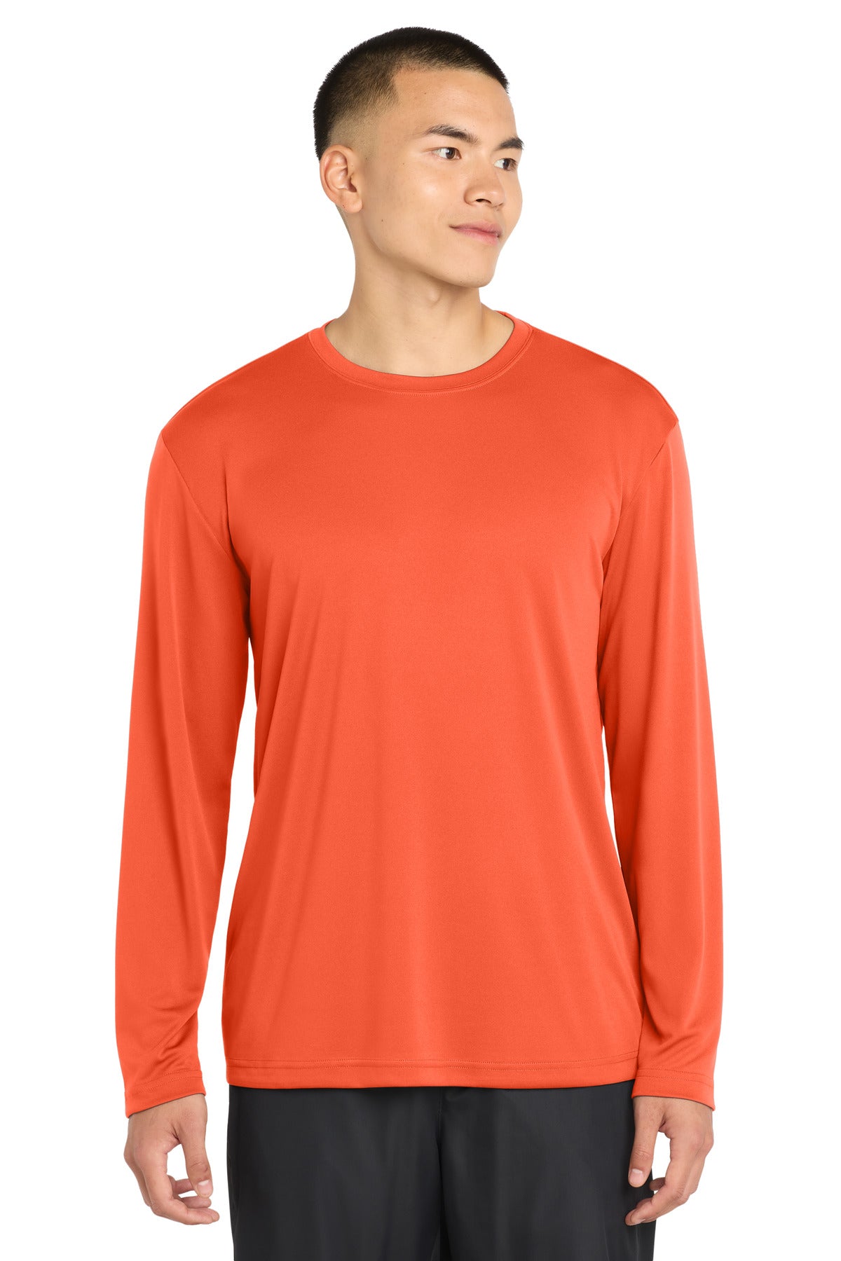 Custom Neon Orange Long Sleeve Competitor Tee ST350LS, personalized by SanCanDo Swag in Argyle, TX