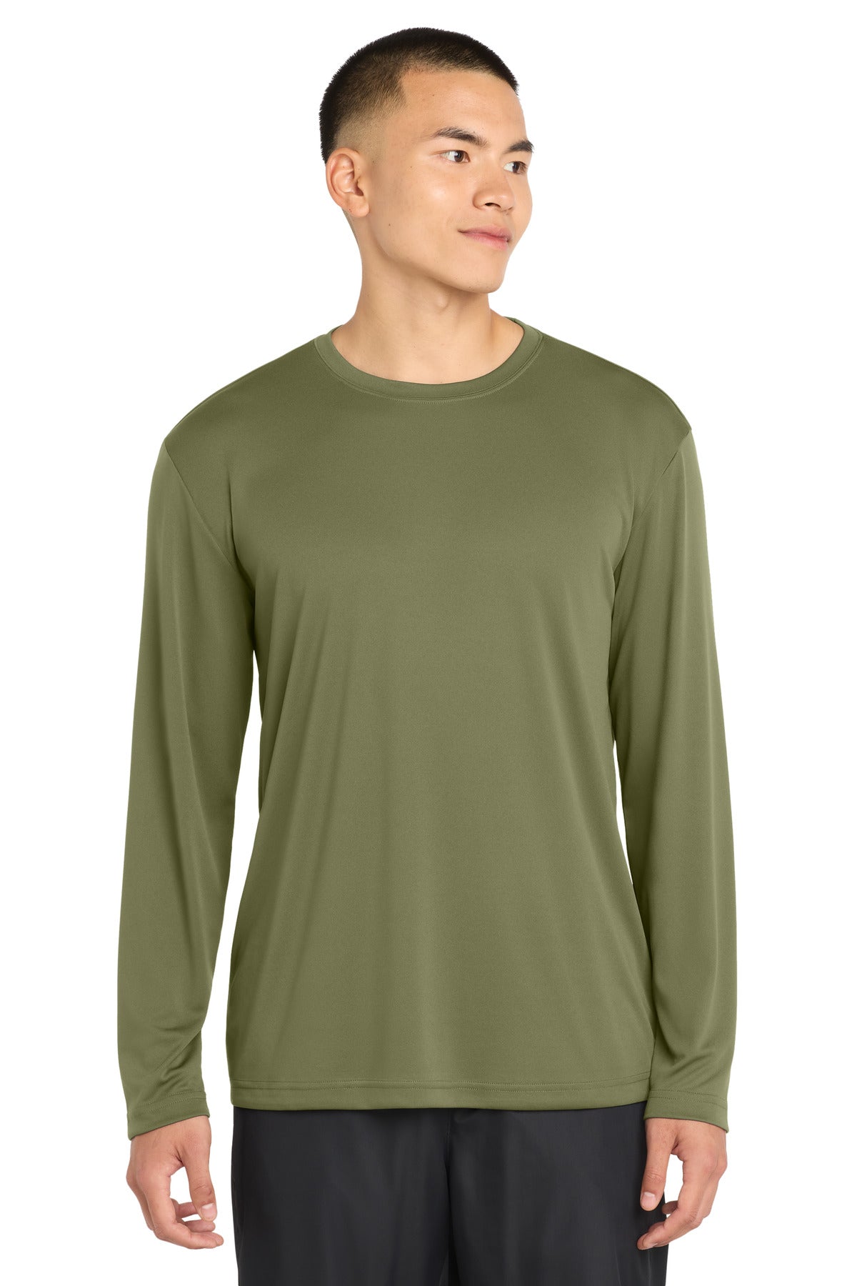 Custom Olive Drab Green Long Sleeve Competitor Tee ST350LS, personalized by SanCanDo Swag in Argyle, TX