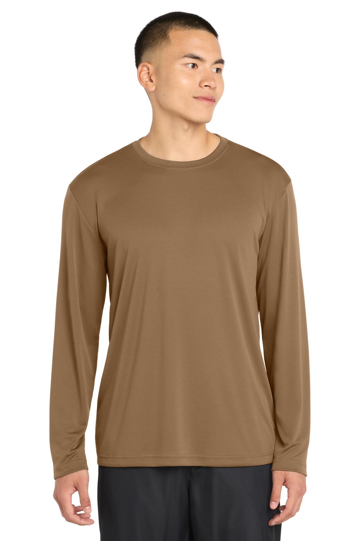 Custom Woodland Brown Long Sleeve Competitor Tee ST350LS, personalized by SanCanDo Swag in Argyle, TX