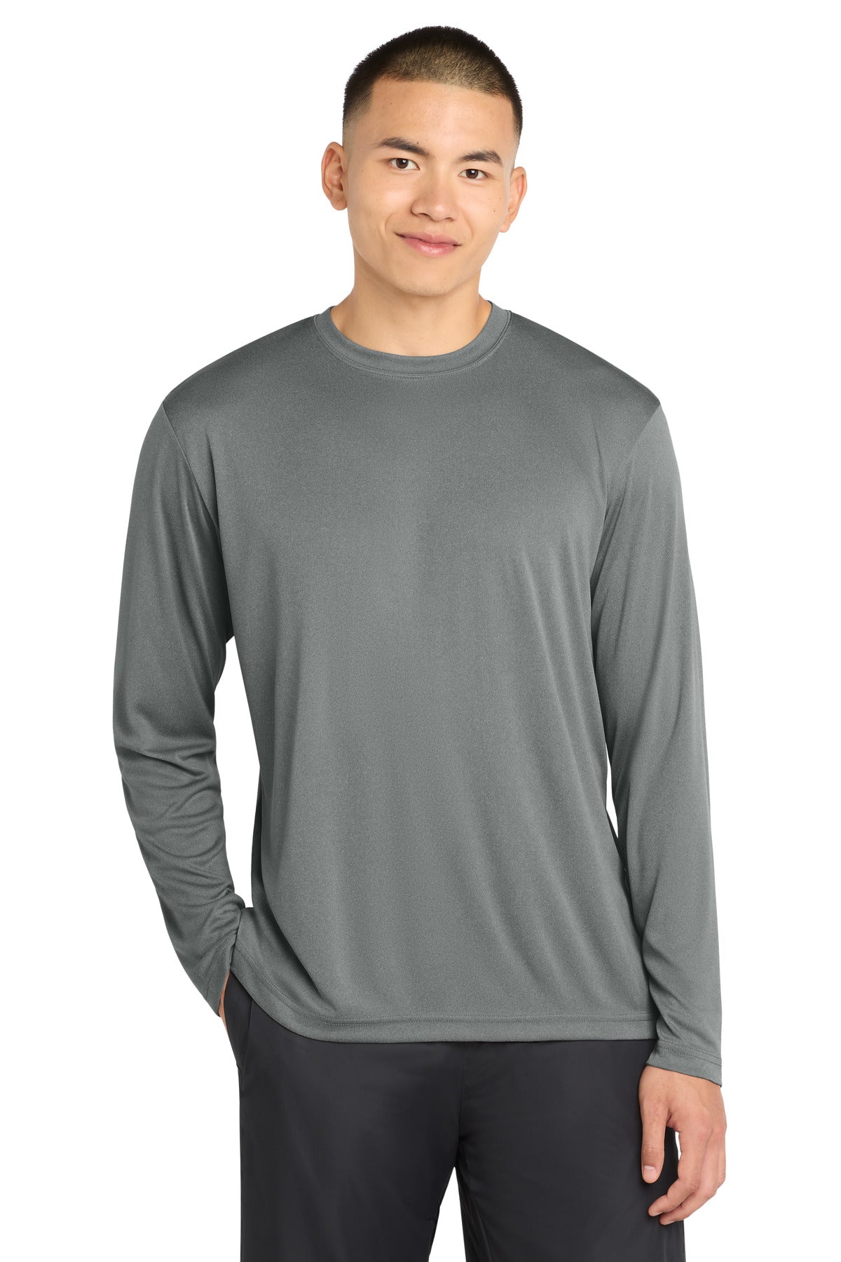 Custom Iron Grey Heather Long Sleeve Competitor Tee ST350LS, personalized by SanCanDo Swag in Argyle, TX