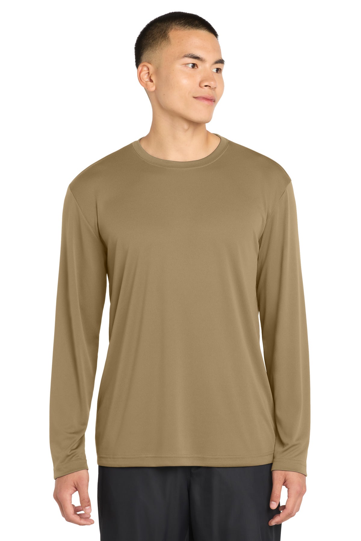 Custom Coyote Brown Long Sleeve Competitor Tee ST350LS, personalized by SanCanDo Swag in Argyle, TX