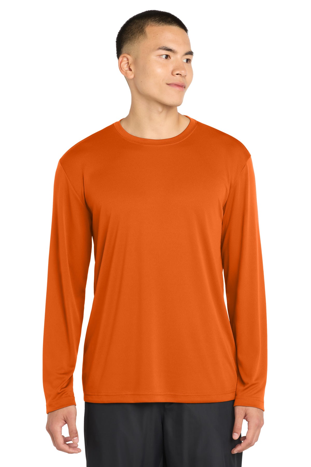 Custom Deep Orange Long Sleeve Competitor Tee ST350LS, personalized by SanCanDo Swag in Argyle, TX