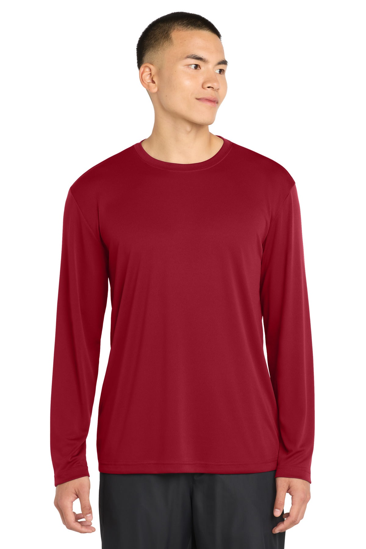 Custom Deep Red Long Sleeve Competitor Tee ST350LS, personalized by SanCanDo Swag in Argyle, TX