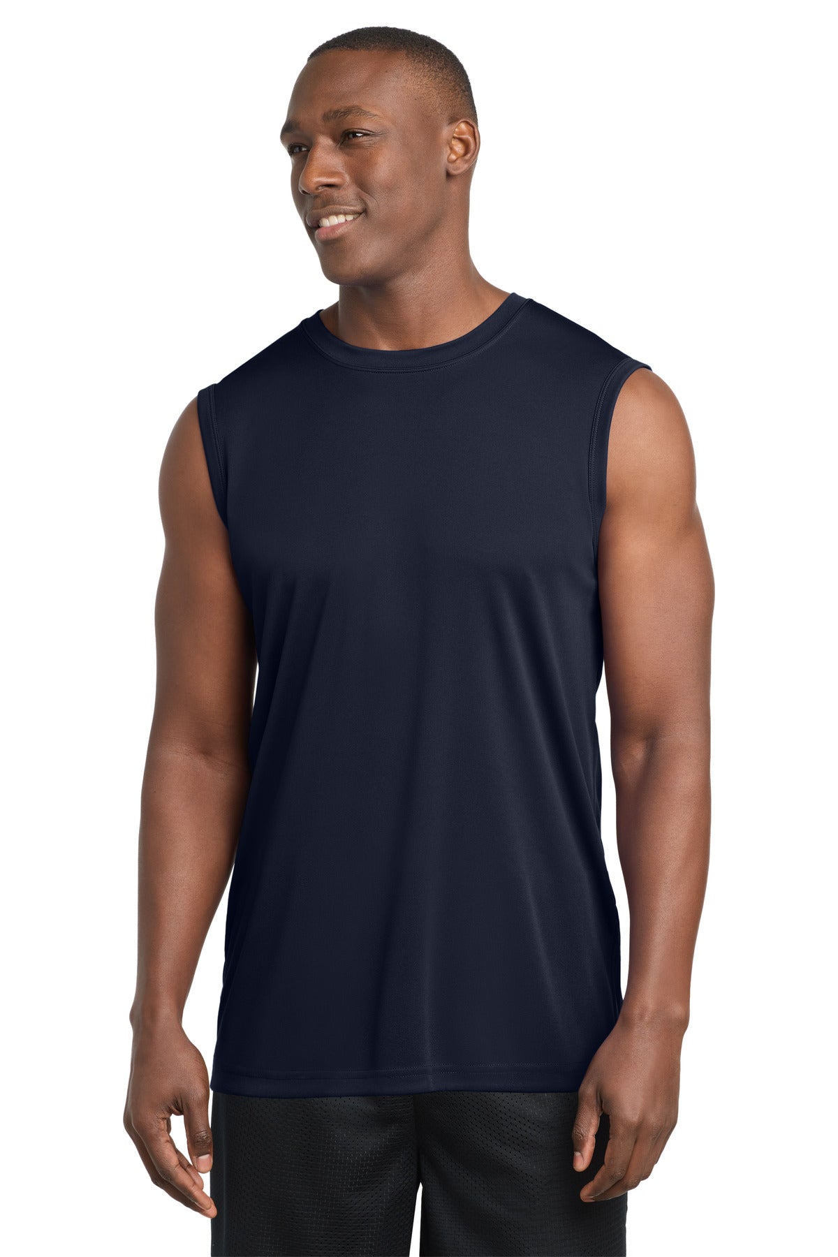 Custom True Navy Sleeveless Competitor Tee ST352, personalized by SanCanDo Swag in Argyle, TX