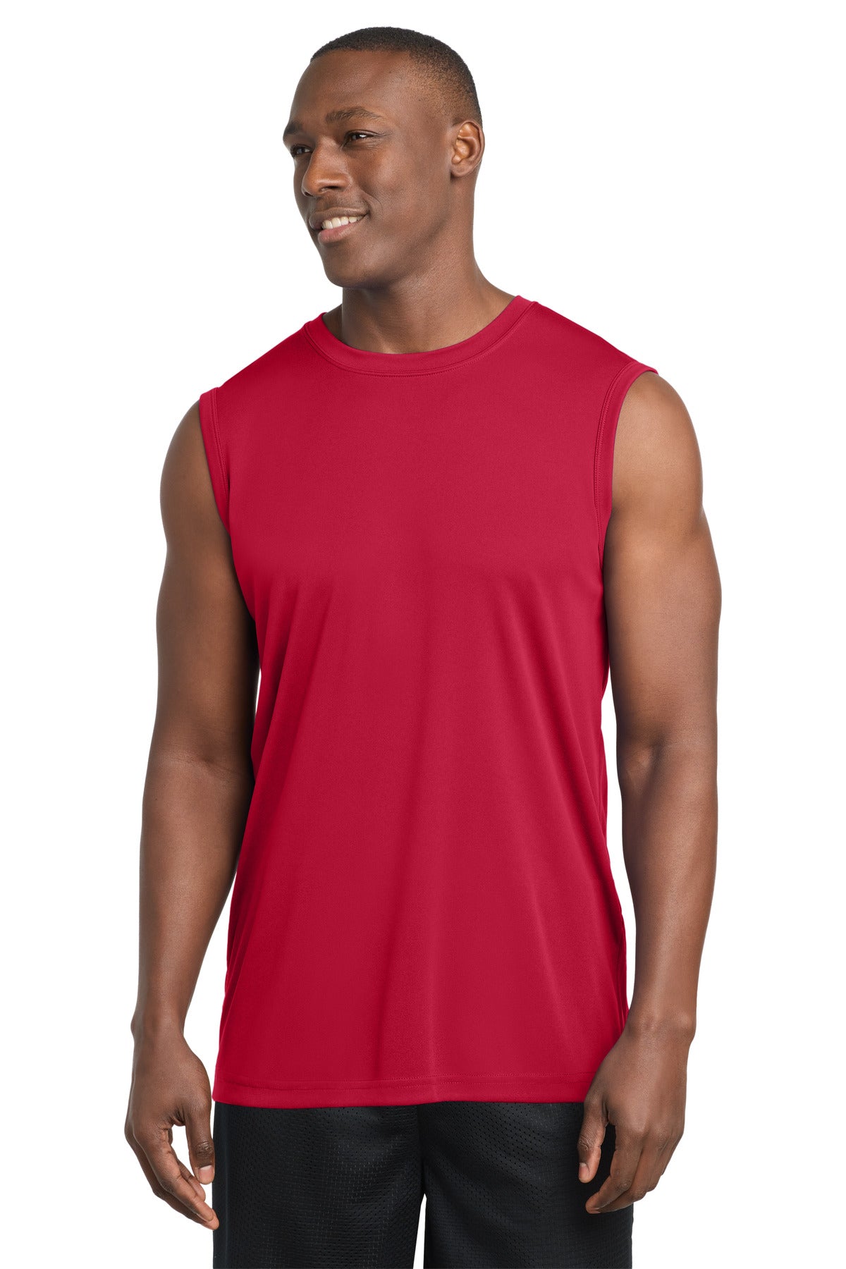 Custom True Red Sleeveless Competitor Tee ST352, personalized by SanCanDo Swag in Argyle, TX