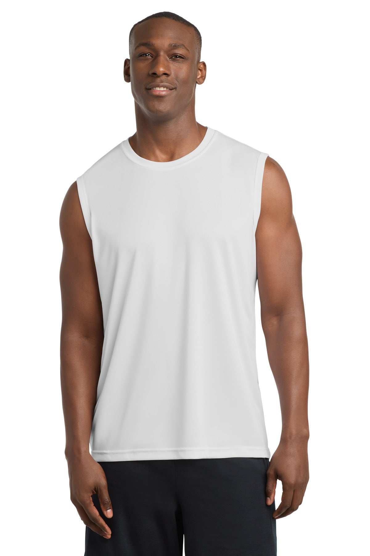 Custom White Sleeveless Competitor Tee ST352, personalized by SanCanDo Swag in Argyle, TX