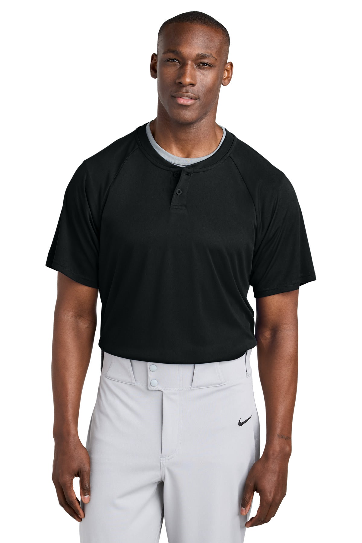 Custom Black PosiCharge Competitor 2-Button Henley ST359, personalized by SanCanDo Swag in Argyle, TX