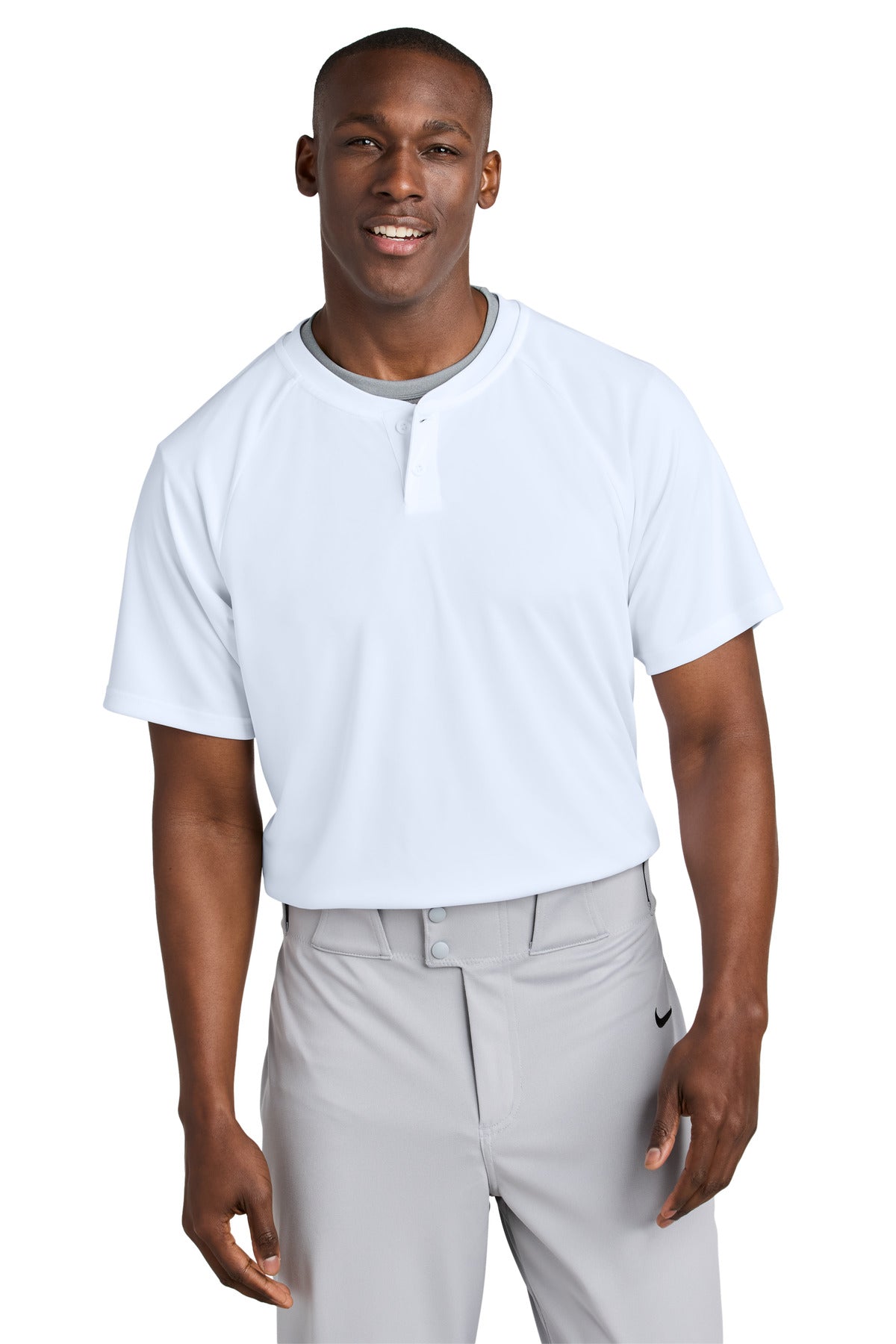 Custom White PosiCharge Competitor 2-Button Henley ST359, personalized by SanCanDo Swag in Argyle, TX