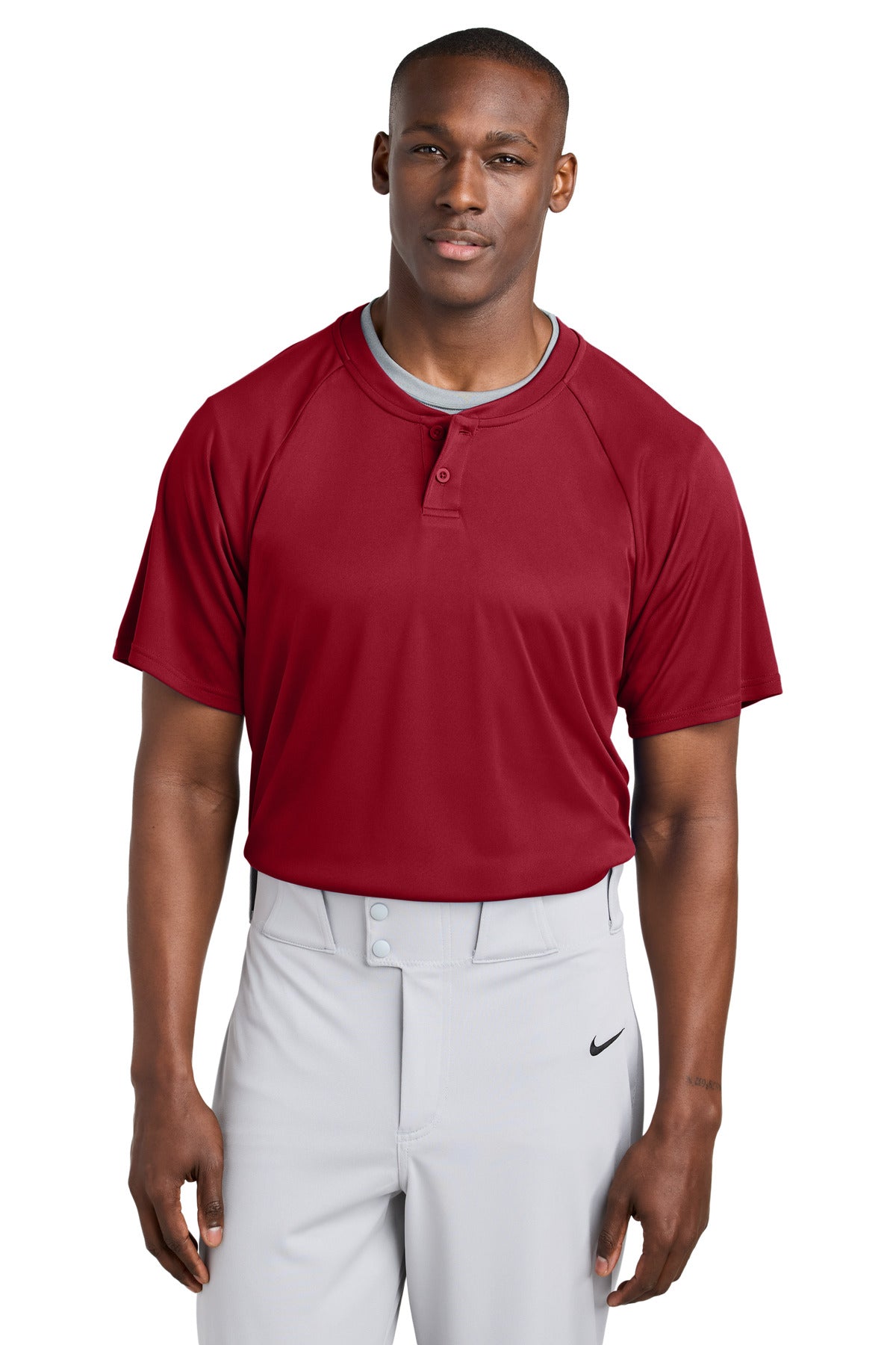 Custom Deep Red PosiCharge Competitor 2-Button Henley ST359, personalized by SanCanDo Swag in Argyle, TX