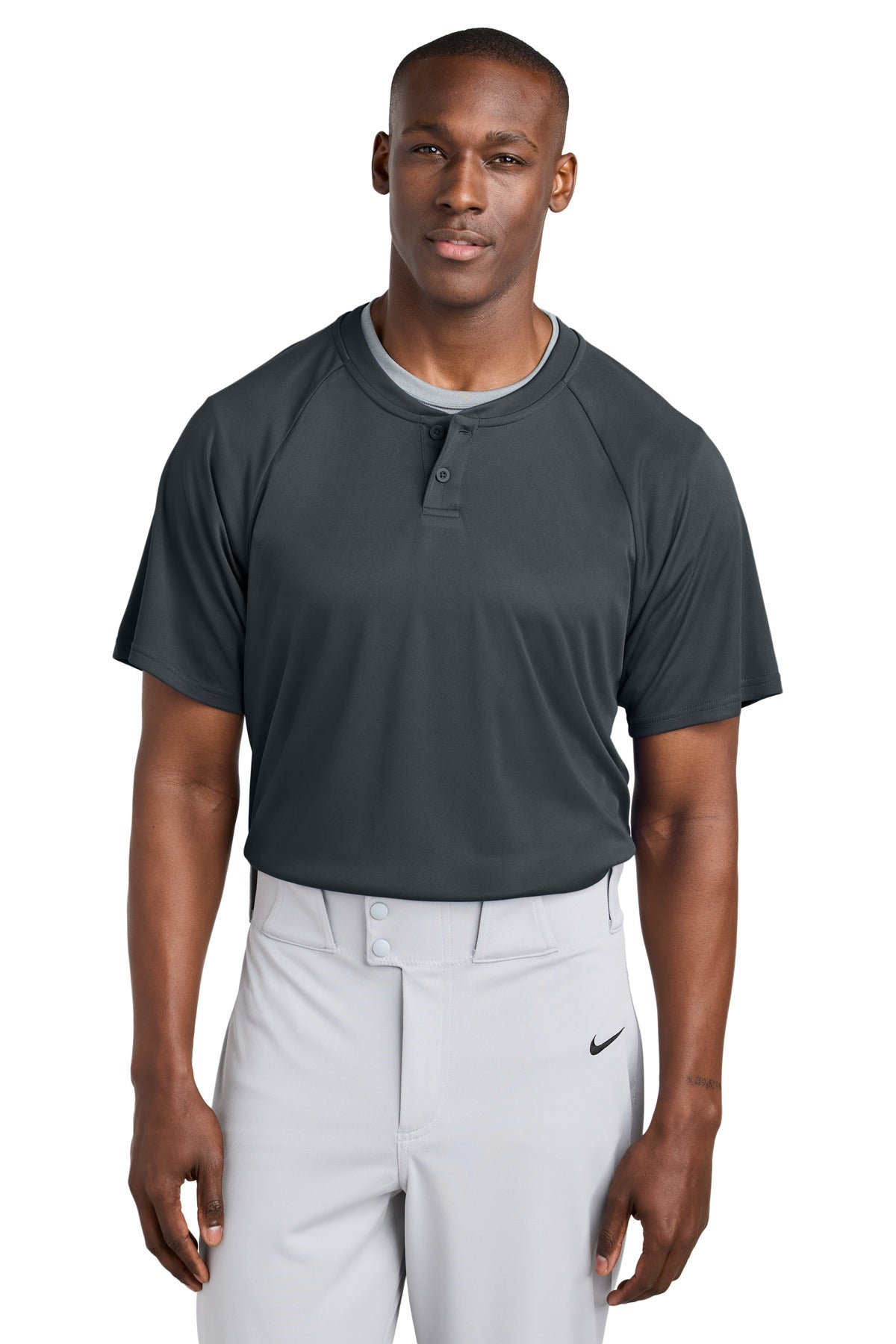 Custom Iron Grey PosiCharge Competitor 2-Button Henley ST359, personalized by SanCanDo Swag in Argyle, TX