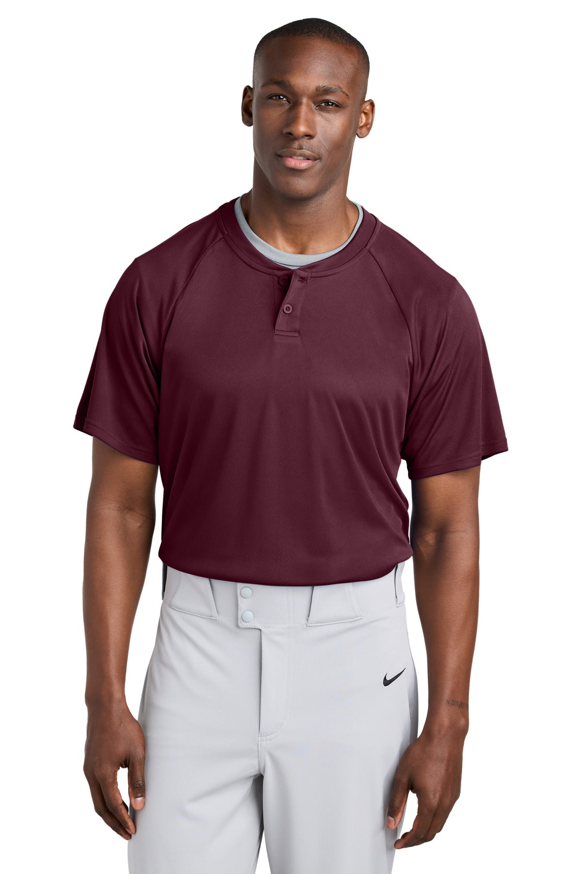 Custom Maroon PosiCharge Competitor 2-Button Henley ST359, personalized by SanCanDo Swag in Argyle, TX