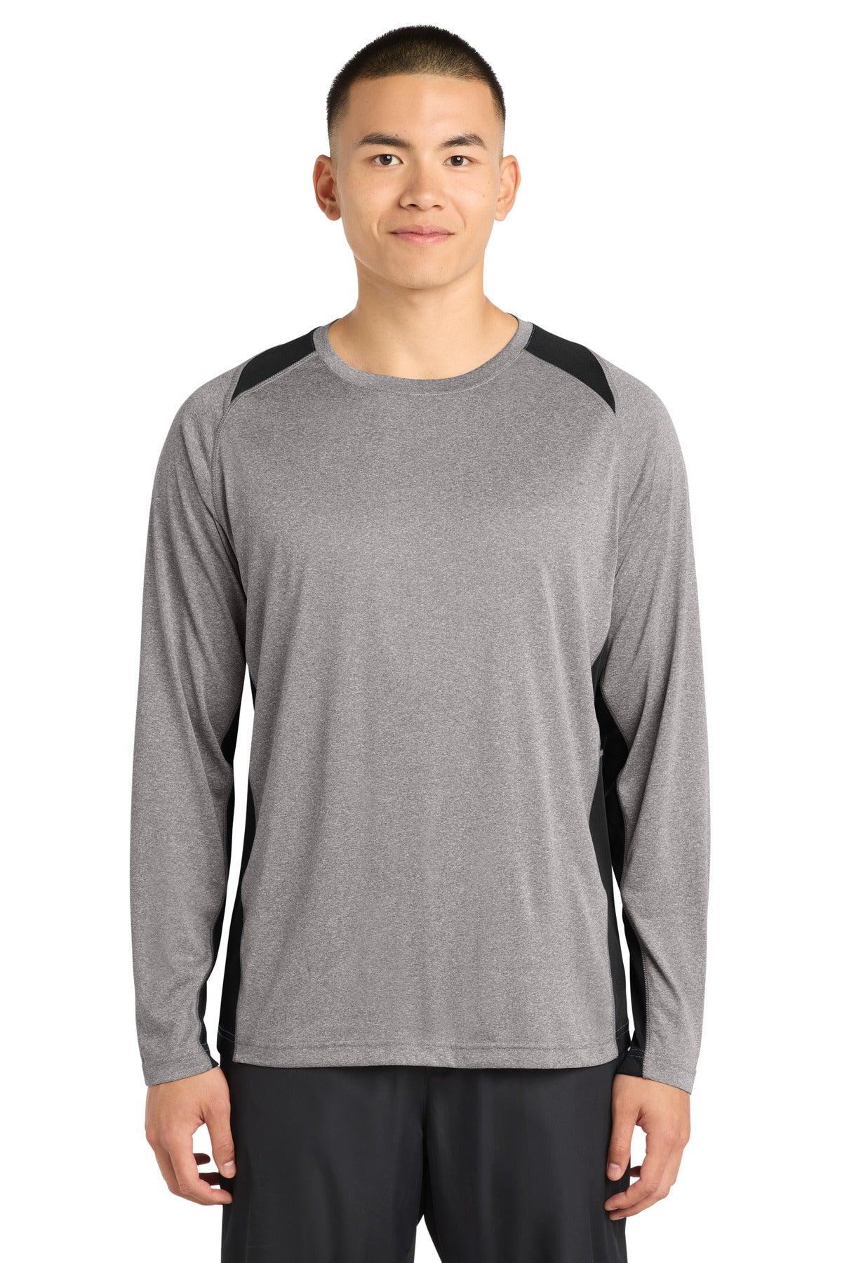 Custom Vintage Heather/ Black Heather Colorblock Contender Tee ST361LS, personalized by SanCanDo Swag in Argyle, TX