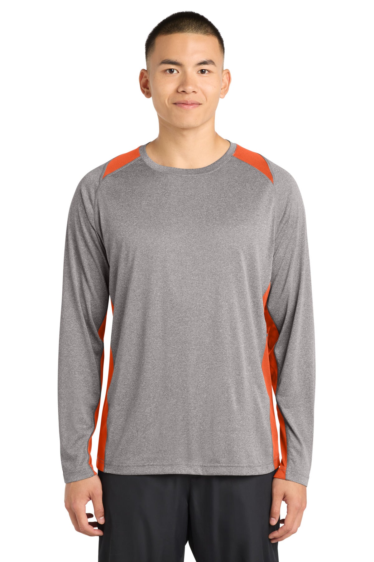 Custom Vintage Heather/ Deep Orange Heather Colorblock Contender Tee ST361LS, personalized by SanCanDo Swag in Argyle, TX