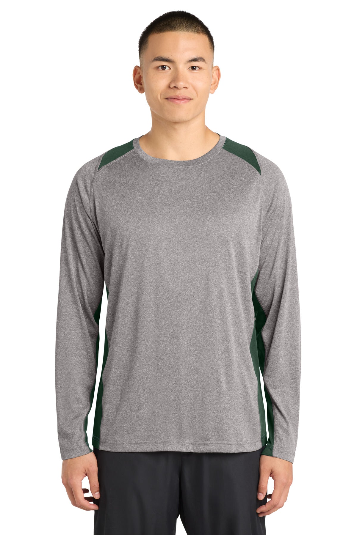 Custom Vintage Heather/ Forest Green Heather Colorblock Contender Tee ST361LS, personalized by SanCanDo Swag in Argyle, TX