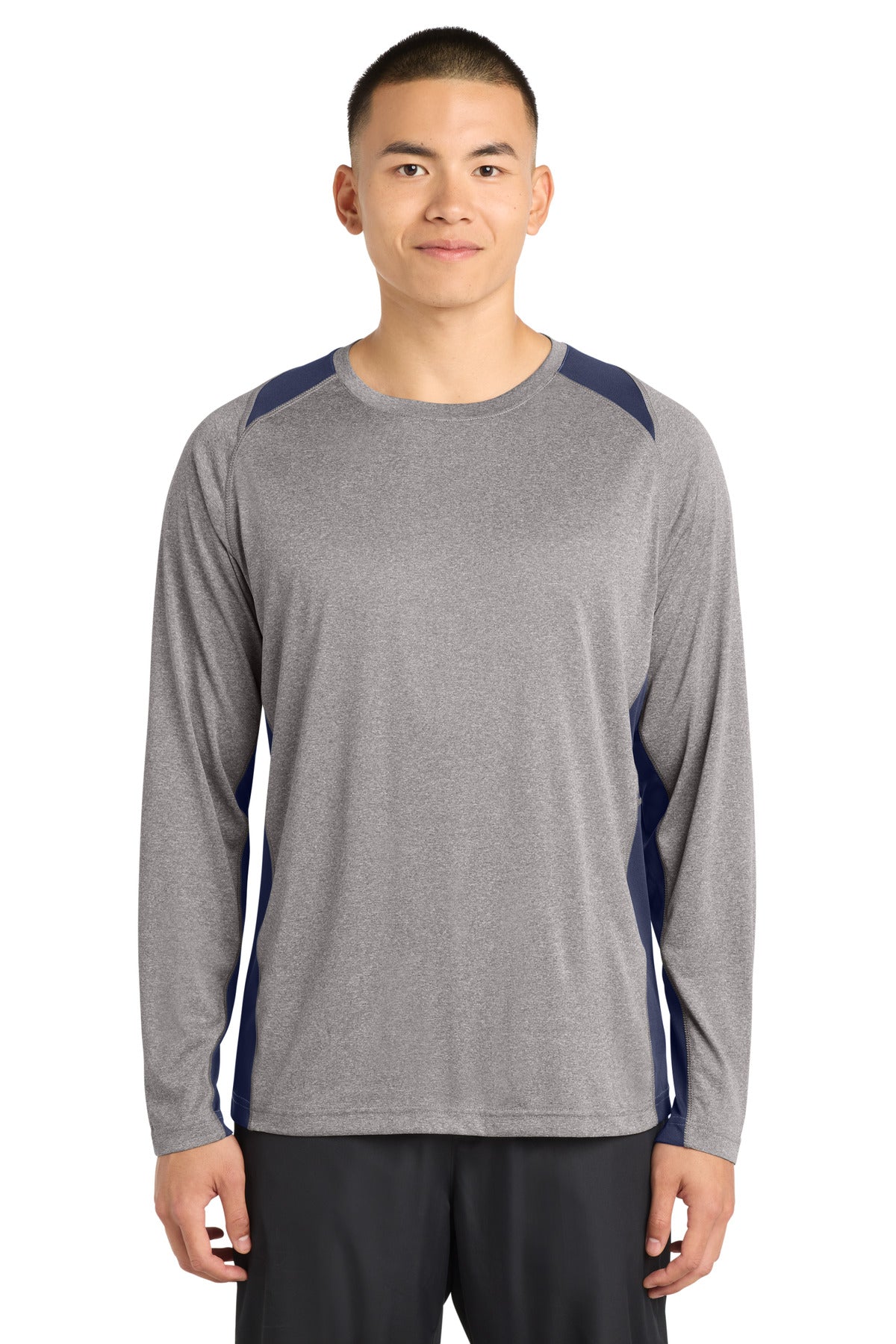 Custom Vintage Heather/ True Navy Heather Colorblock Contender Tee ST361LS, personalized by SanCanDo Swag in Argyle, TX